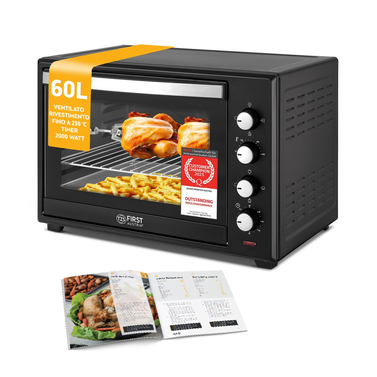 TZS First Austria - Mini Forno 60L 2000W - Fornetto spazioso per pizza con temperatura fino a 230°C e 6 modalità - Con timer di 60 min, 4 altezze di inserimento, teglia, griglia e spiedo rotante