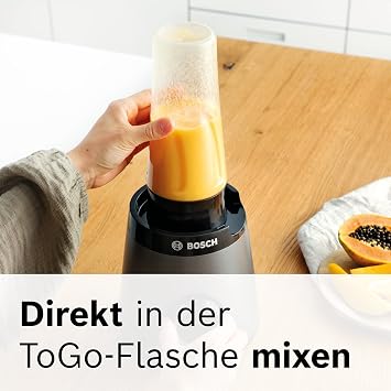 Bosch Stand Mixer Smoothie Maker 30000 rpm 1200 W Improved Version Stainless Steel Knife 1.5 L Glass Container ToGo Bottle Dishwasher Safe Parts Made in Europe VitaPower Series 4 MMB6174SN