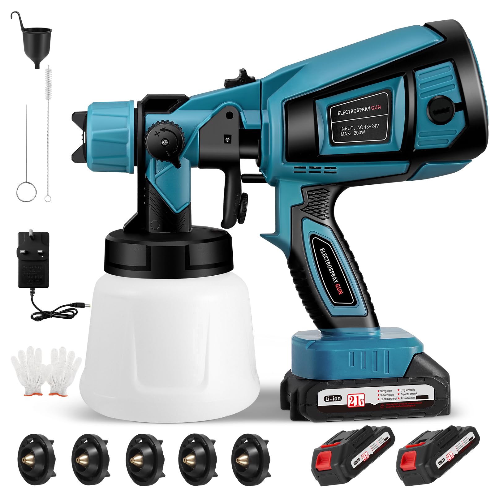 Pistolet à Peinture sans Fil, Pistolet à Peinture Électrique HVLP pour Clôtures avec 2 Batteries de 3000 mAh, 5 Buses et 3 Modes d'Application, pour Abris de Jardin Murs Plafonds Portes
