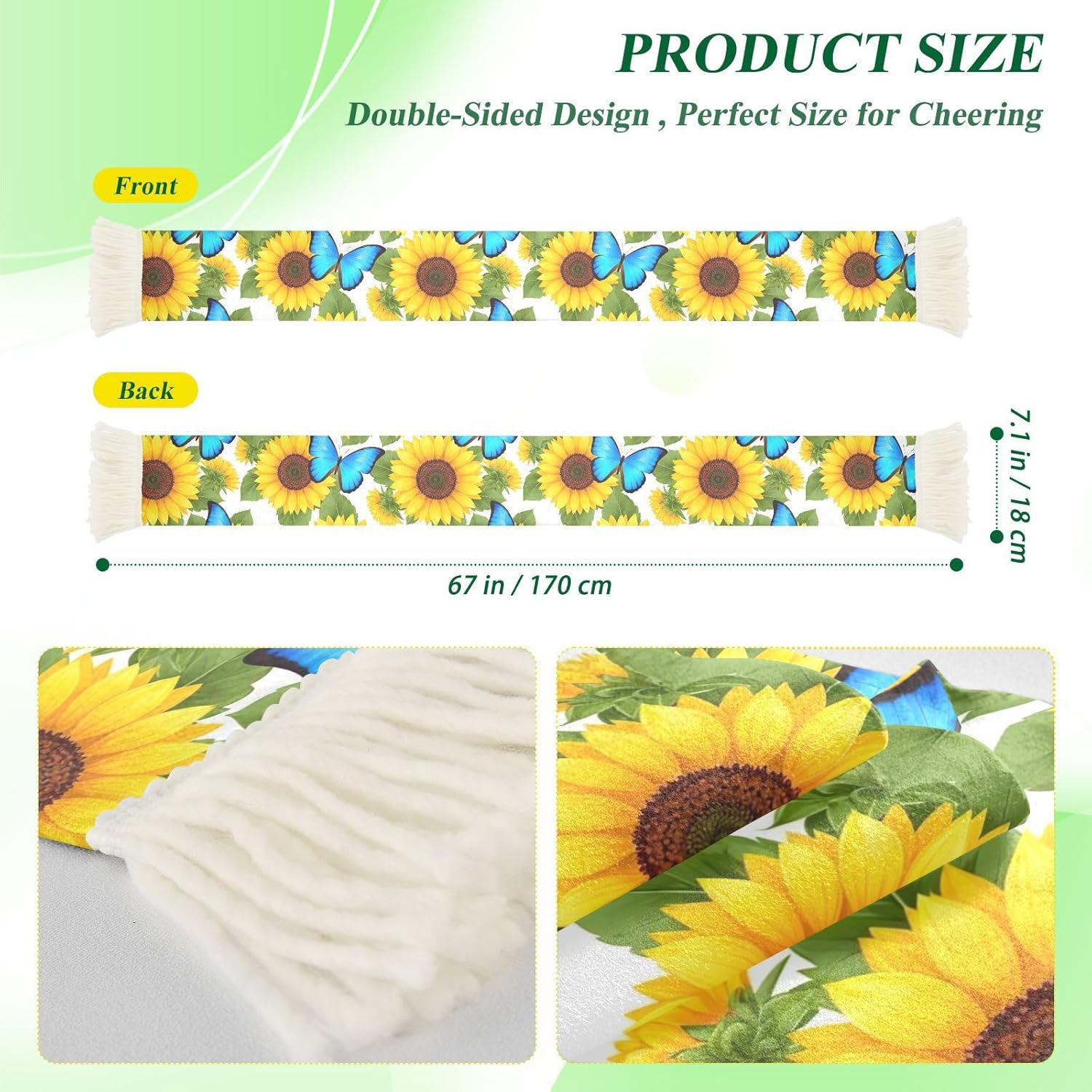 CHIFIGNO Sunflowers Butterfly White Sports Fan Scarf Towel, Soft Polyester Sweat Wicking Rally Towel for Soccer Fans, Quick Dry Cheering Scarf