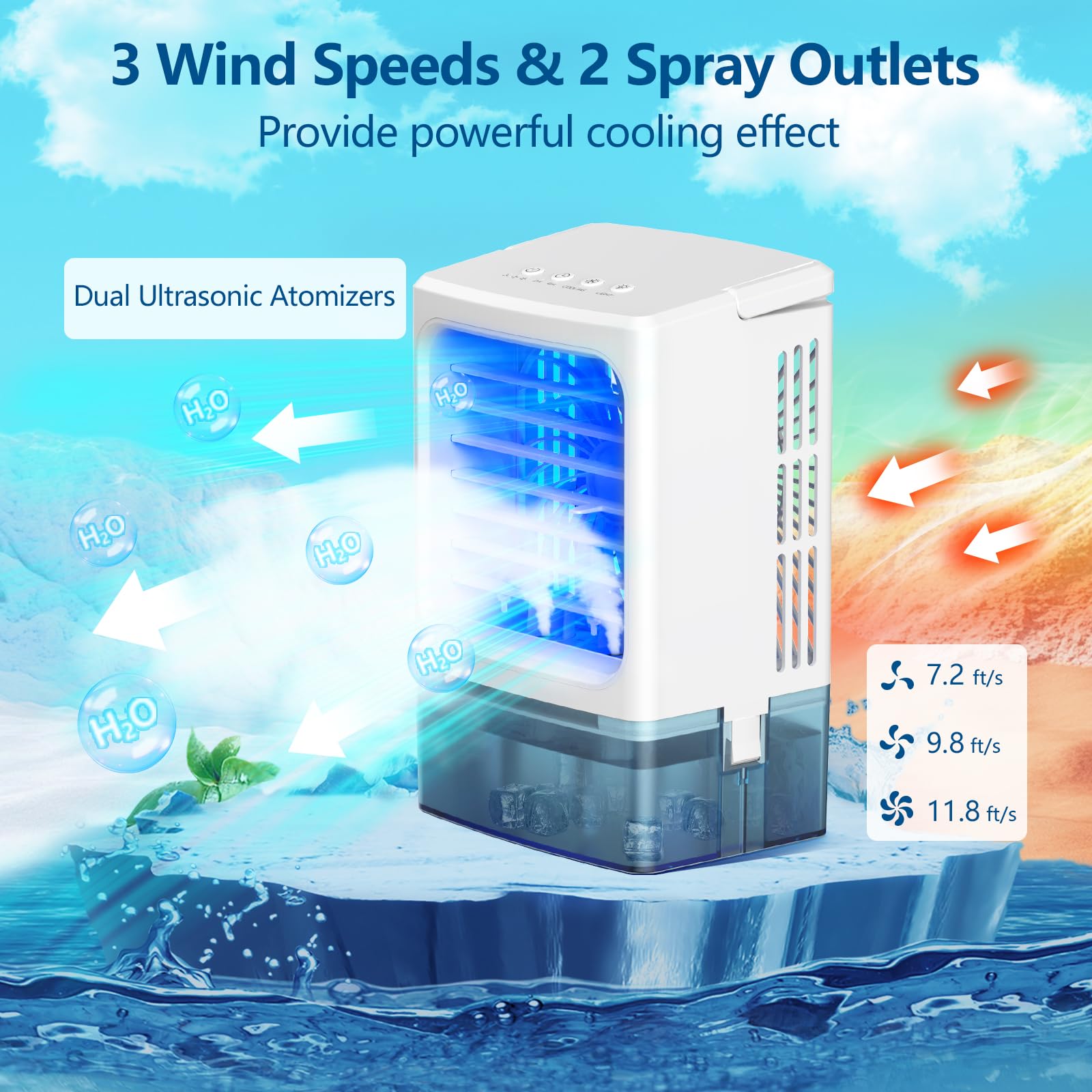 Aire acondicionado portátil, enfriador de aire evaporativo 3 en 1, 3 velocidades, 2 salidas de pulverización, 900 tanques visibles, 7 colores de luz, 2 temporizadores, mini ventilador de enfriamiento 3