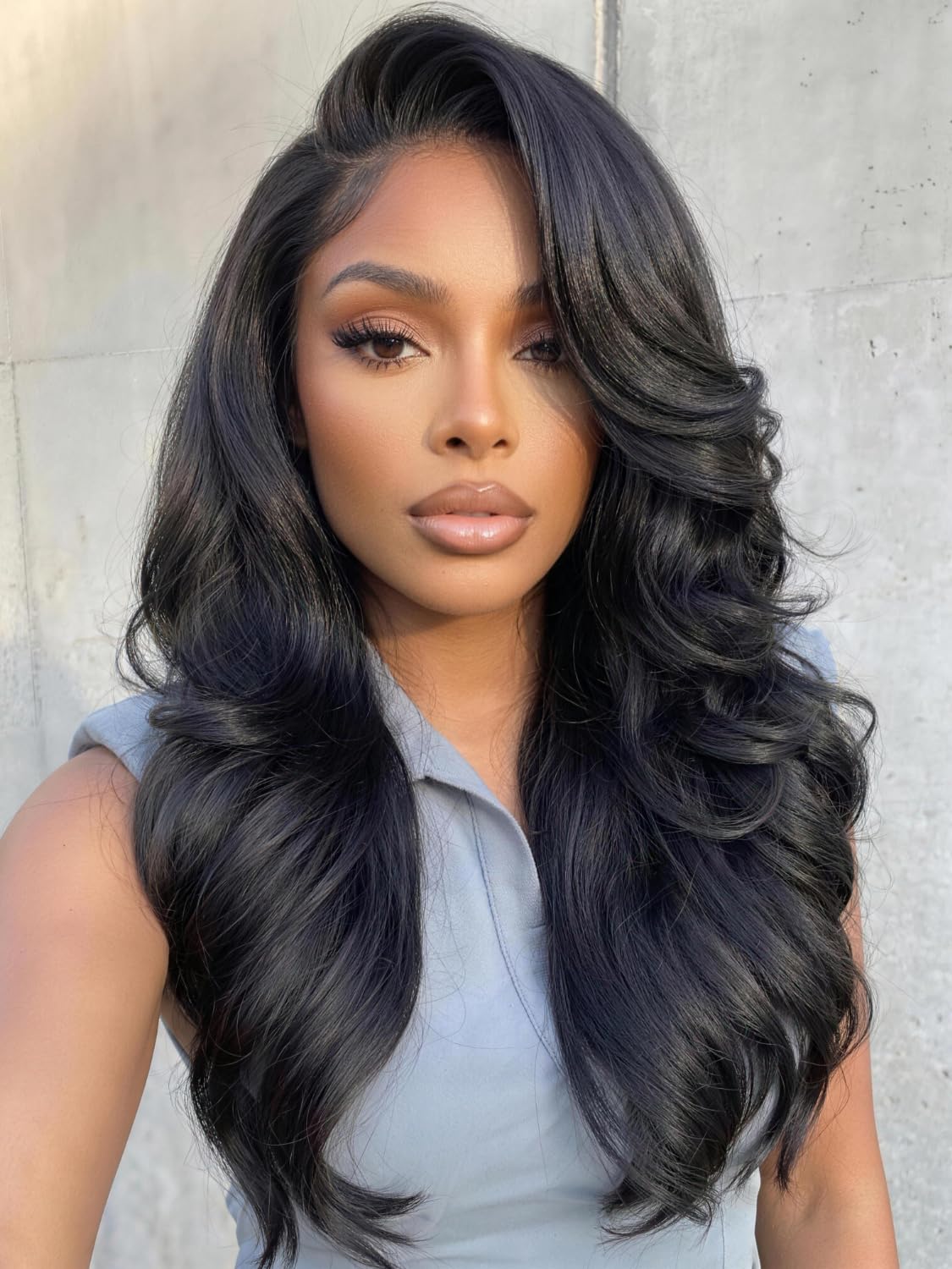 KLAIYI Bye Bye Slip™ Feathered Layer Side Bangs Loose Body Wave Pre Everything Glueless 13x4Lace Front Wigs Human Hair Drawstring Pre Plucked Bleached Knots 3S
