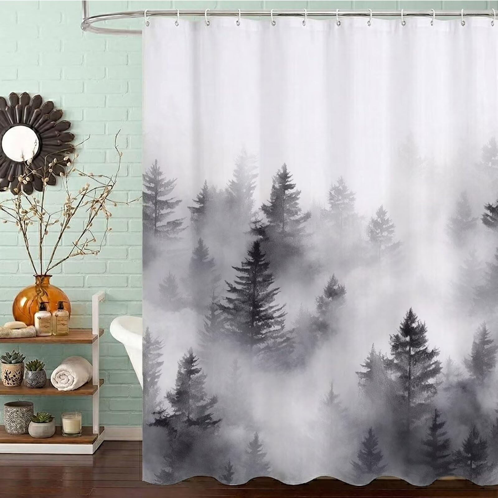 Rideau de Douche Anti Moisissure et Imperméable, Polyester Shower Curtain Peinture à l'encre Lavable avec Ourlet Inférieur Lesté, Rideaux Douche Japon avec Œillets et 12 Crochets, 240x200 cm J8-589