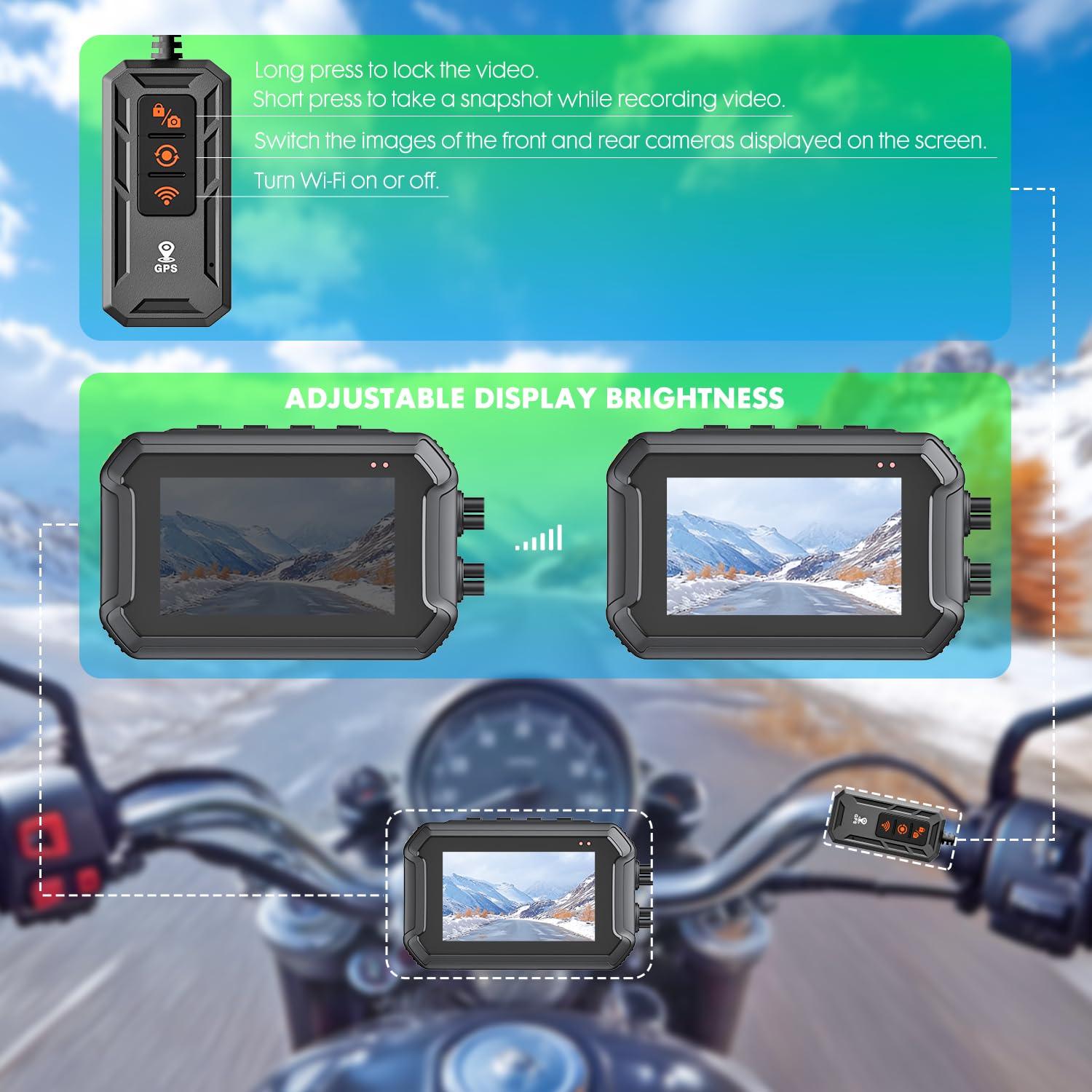 Dash Cam Moto, 1080P WDR Telecamera Anteriore e Posteriore, Dashcam Impermeabile con WiFi, GPS, Modalità Parcheggio, Telecomando Cablato, Schermo da 3", Scheda TF da 64 GB