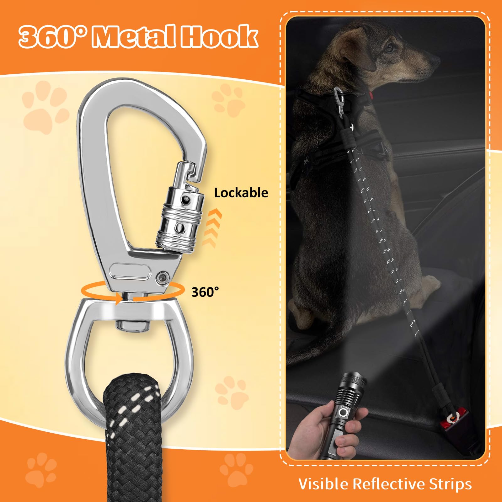 Pawaboo Dog Seatbelt for Car, Reflective Rope Dog Dog Car Seat Belt Bungee, Pet Tether Safety Restraint with Heavy Duty Buckle, Dogs Cars Harness Leash with 360&deg; Lockable Buckle, Black - image 4