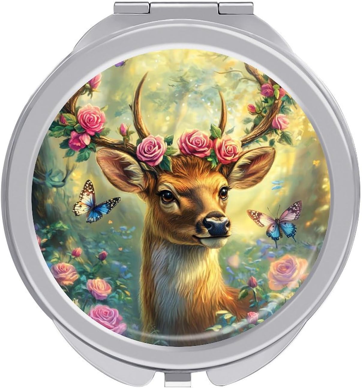 Deer Flowers Compact Makeup Mirror Mini Foldable Cosmetic Mirror Portable Travel Mirror for Purse Pocket