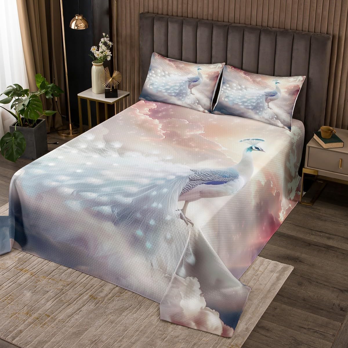 Castle Fairy Wild Duck Bedding Set Twin Size,Sunset Lake View Bedspread 2Pcs,Hunting Duck Animals Comforter Set for Kids Girls Boys Teens Room Decor,Vintage Oil Painting Quilt Coverlet,1 Pillowcase