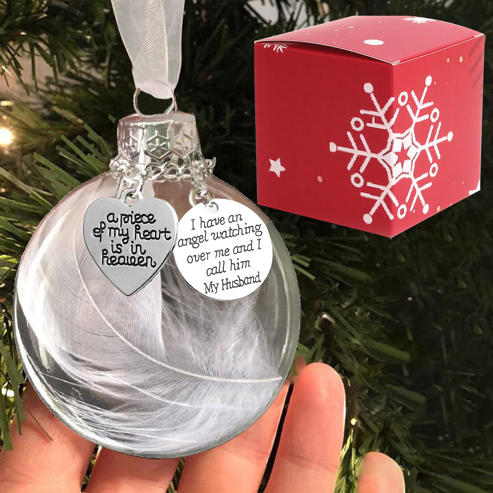 Clear Christmas Memorial Ornament Feather Ball, A Piece of My Heart is in Heaven Loss of Loved One Husband Christmas Tree Hanging Sympathy Gift with Silk Ribbon & Red Gift Box