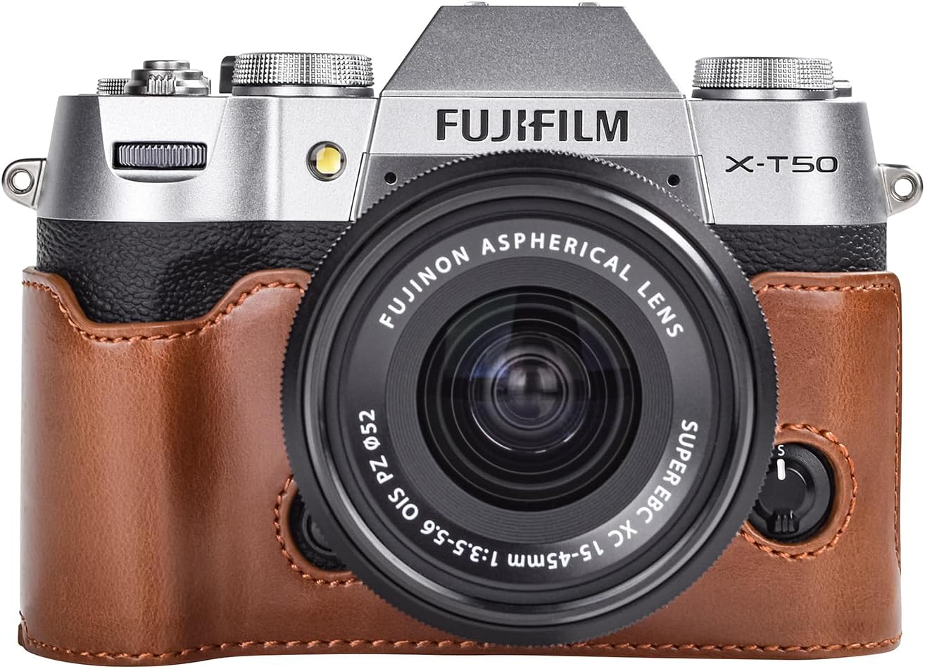 Rieibi X-T50 / XT50 Case，Handmade PU Leather Half Case Bag Cover Bottom Opening Version for Fujifilm X-T50 /XT50 Digital Camera, Protective Grip Camera Case for X-T50 XT50(Coffee)