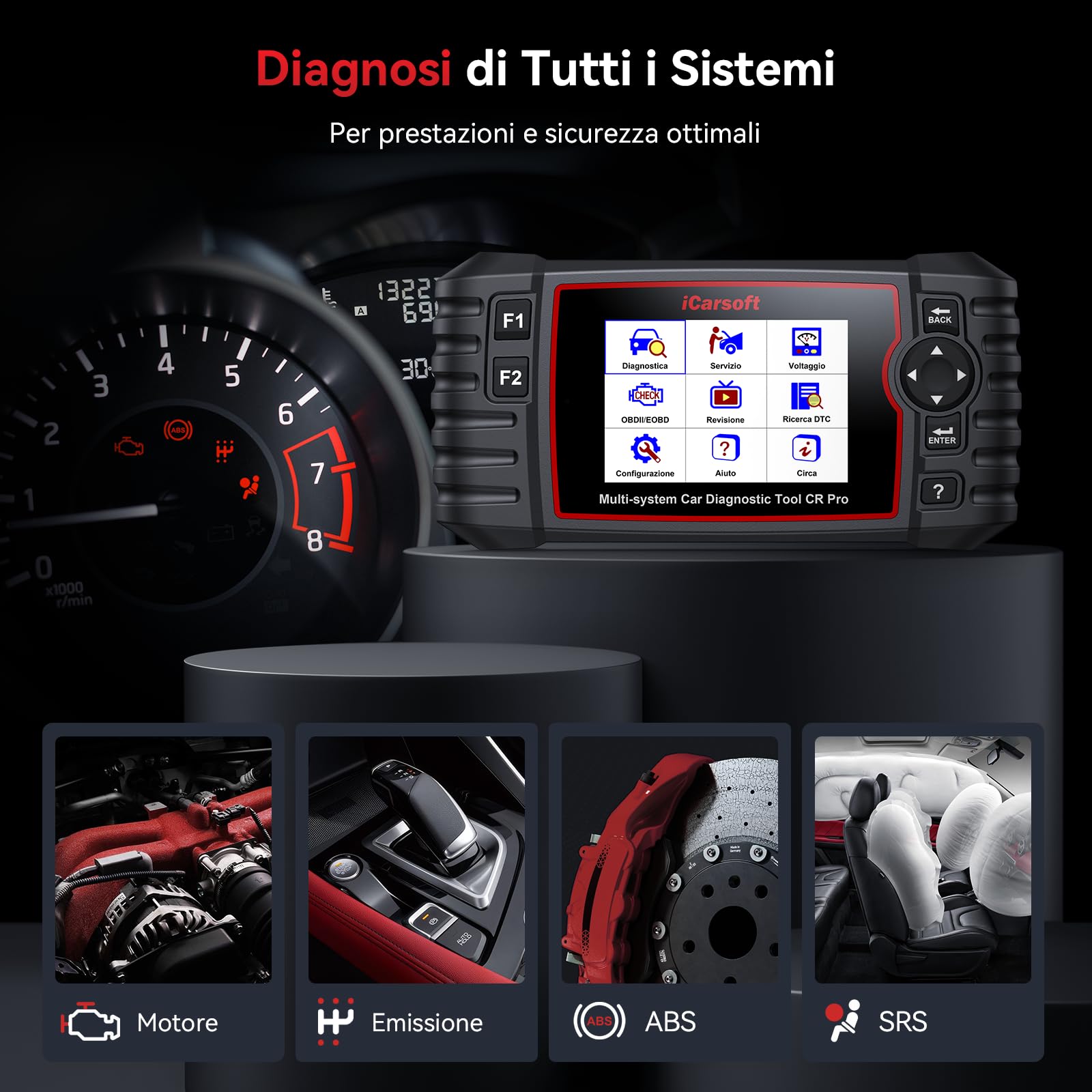 iCarsoft CR PRO OBD2 Auto Diagnostica, Diagnosi Auto Professionale in Italiano per Tutti i Sistemi, 9 Funzioni di Ripristino, Reset Olio/EPB/BMS/ETC/SAS/INJ/TPMS/DP-F/ABS, Aggiornamento a Vita
