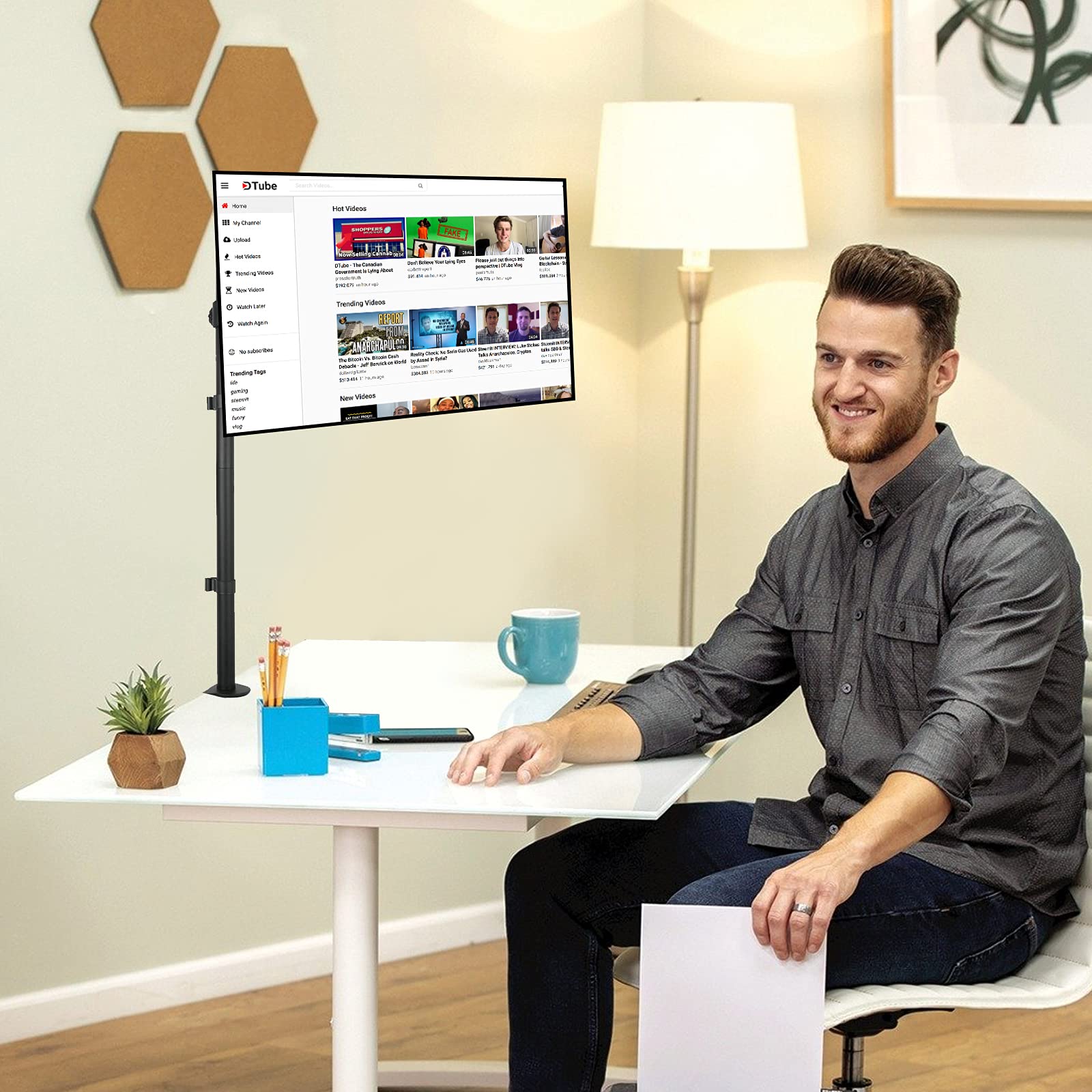 Suptek Single Monitor Arm, Tall Monitor Stand 80cm Pole, Max Load 10kg