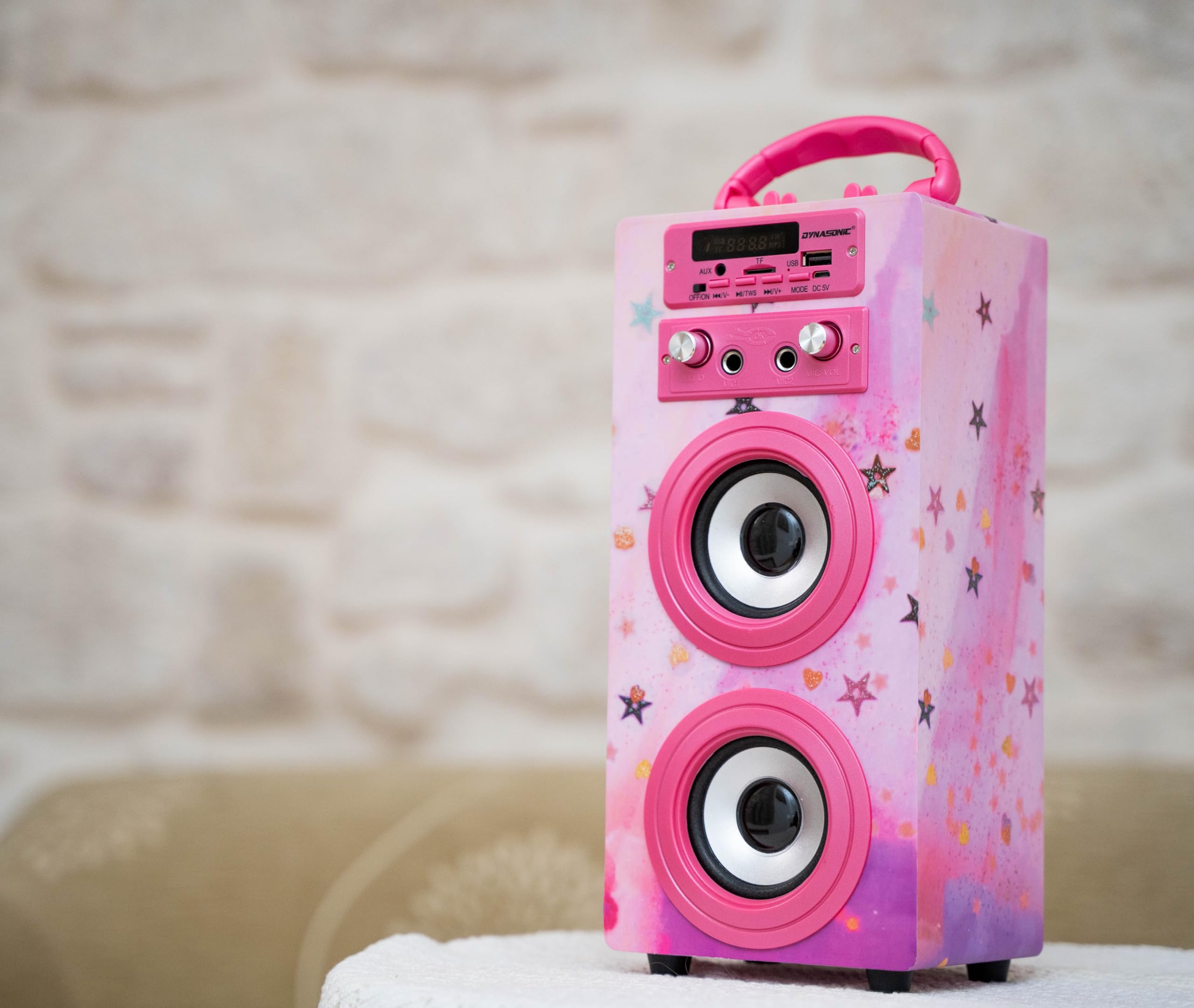 DYNASONIC Przenośna maszyna do karaoke, 2 mikrofony, głośnik Bluetooth, światła, czytnik USB i SD, prezent dla dzieci w wieku 5-13 lat (025-15 LIGHTS)