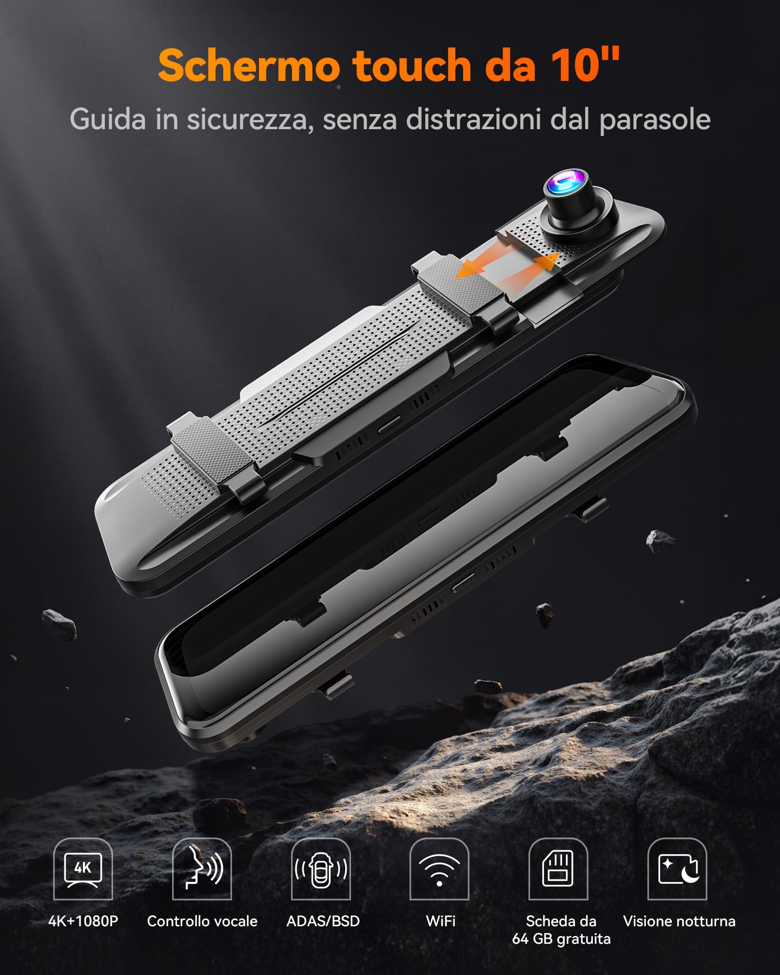 WOLFBOX M40 - Specchietto per fotocamera posteriore da 10", 4 K + 1080P, per dashcam anteriore e posteriore, con fotocamera ADAS/BSD, controllo vocale, Wi-Fi integrato, scheda da 64 GB e GPS
