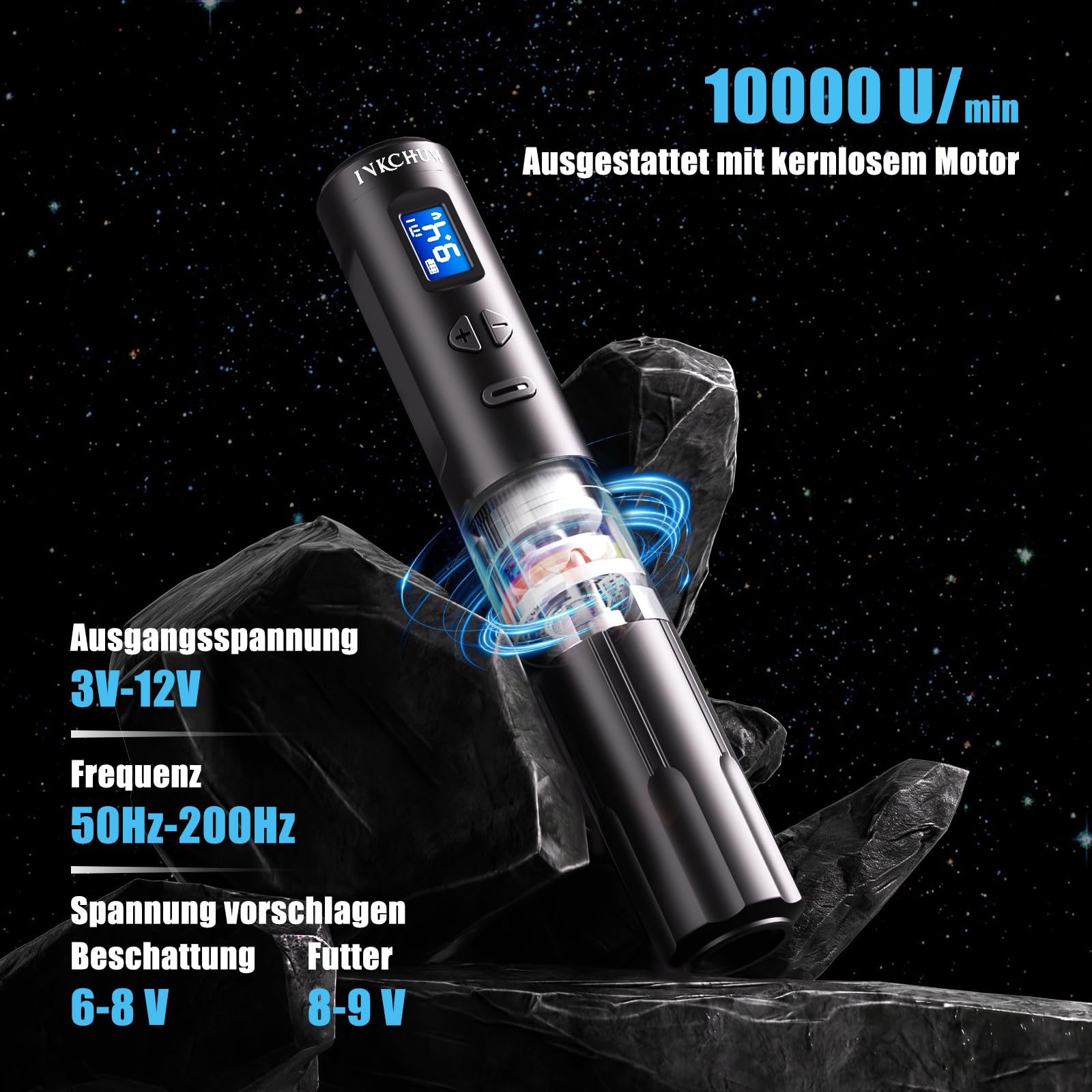 Tattoo Pen Máquina de Tatuaje Inalámbrica con Pantalla OLED Máquina de Tatuaje Rotativa Inalámbrica 10W Motor sin Núcleo 2 Baterías para Miroblading Sombreado Delineador de Ojos Labios (Negro)