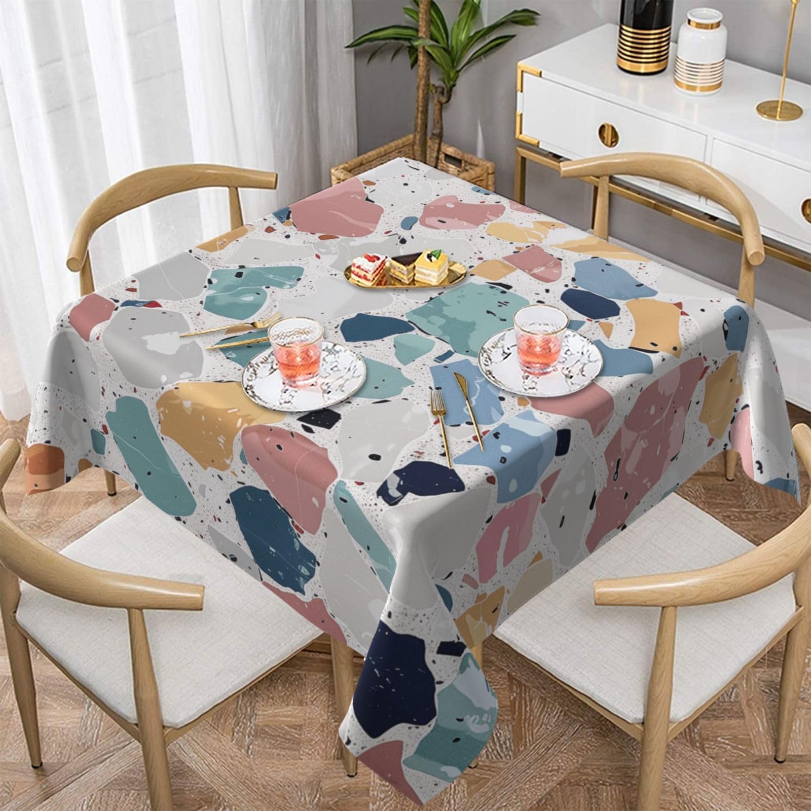 WPKJU Terrazzo Marble Pastel Printed Square Tablecloth 60x60 inch Water Resistant Table Cover Washable Rectangle Table Cloth for Dining Tables