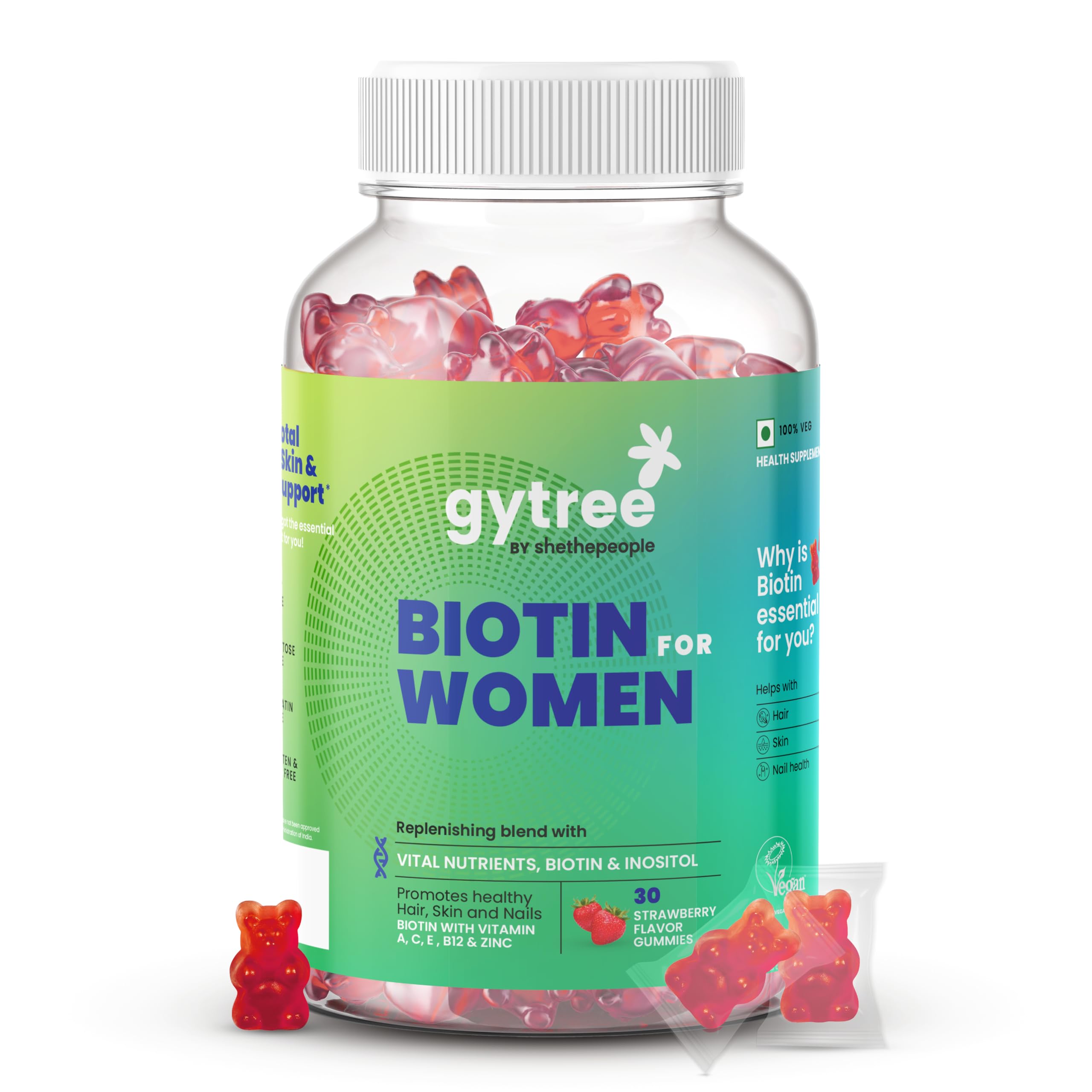 Gytree Biotin Gummies for Complete Hair, Skin & Nail Support | With Vital Nutrients, Inositol & Vitamin C, A, E, B6, Folate, Zinc | Strawberry Flavour | No Gelatin, No Soy, Lactose Free (30 gummies) (B0CMQD4NWF) Amazon Price History, Amazon Price Tracker