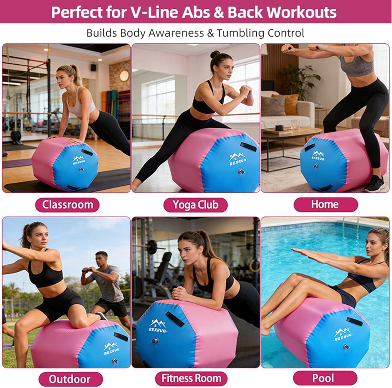 Gymnastics Air Barrel Roller, Inflatable Tumbling Roller Air Mat, Ergonomic Yoga Training Equipment, Barrel Trainer with Pump for Backhandspring, Cheerleading, Home, Gym & Yoga Practice-Multiple Sizes 2.6FT–3.5FT Length