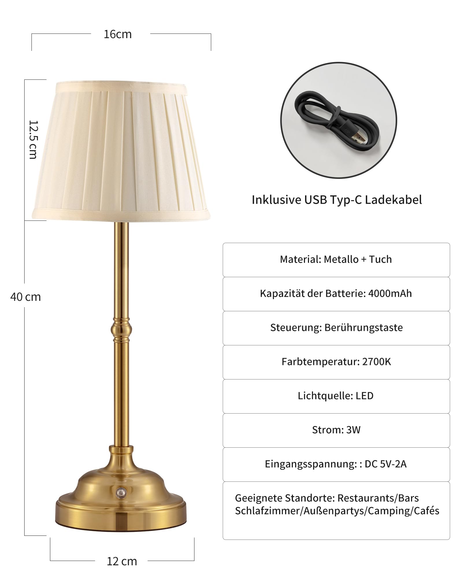 2 Pack Lámpara de mesa recargable, inalámbrica, portátil y regulable, lámpara de noche LED retro alimentada por una batería de 4000 mAh para interior y exterior (Gold + Beige Shade)