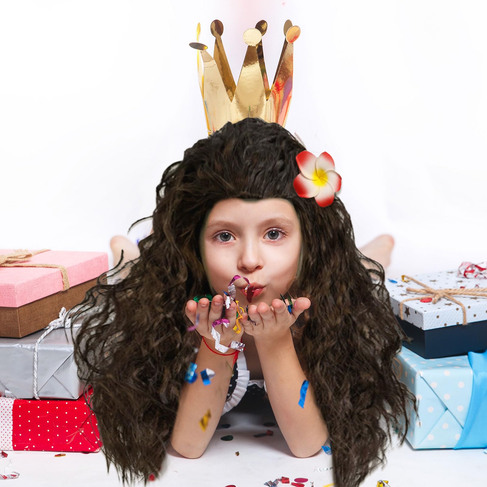FOUNSHO Princess Wigs with Flower Clip and Necklace for Women Brown Long Curly Hair Wig Pretend Fancy Dress Up Halloween Costume for Cosplay Party (Brown) - Image 4