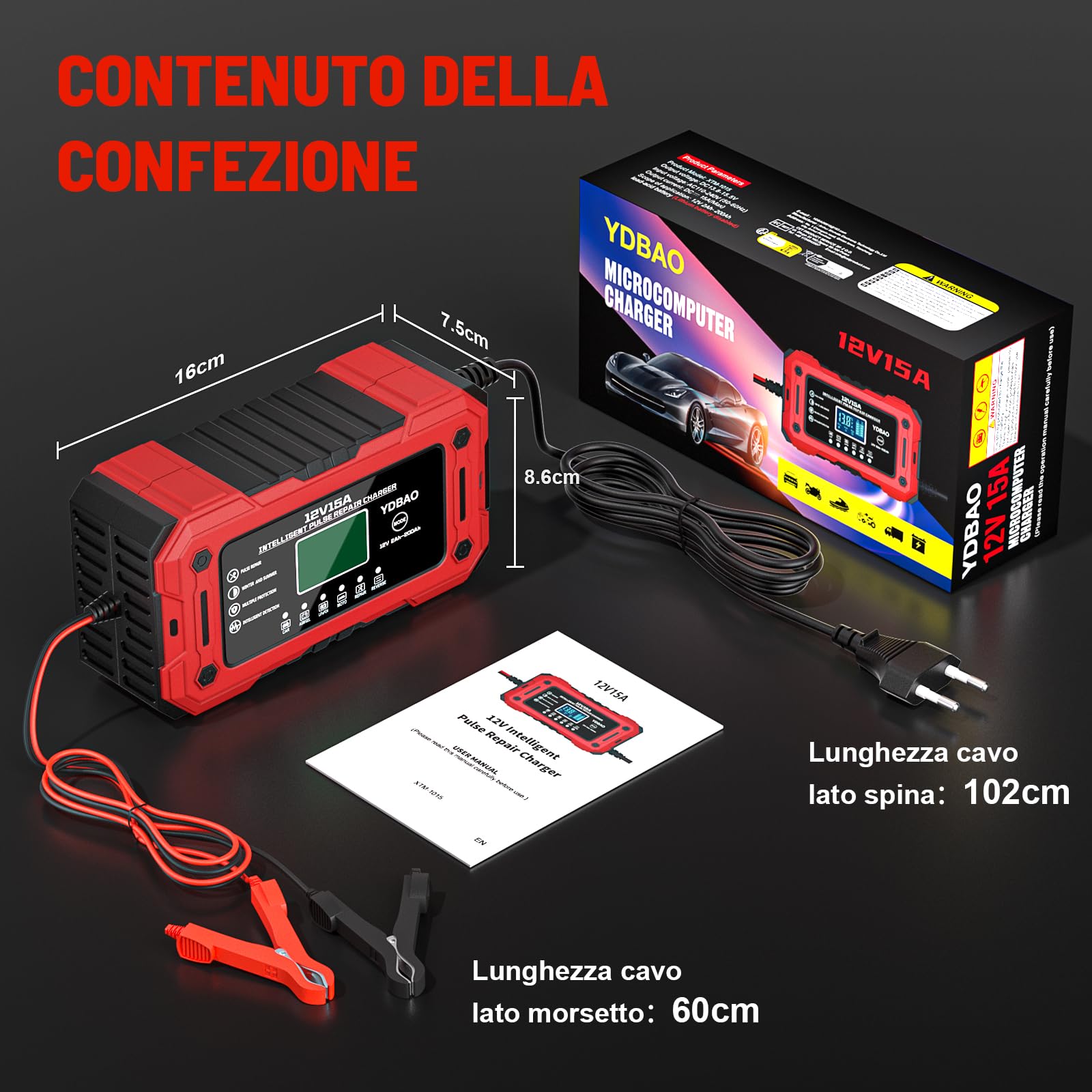 YDBAO 15A Caricabatteria per Auto 12V 15A Caricabatterie Intelligente Completamente Automatico da Auto con Display LCD con Compensazione della Temperatura per Moto Auto Batteria AGM Barche
