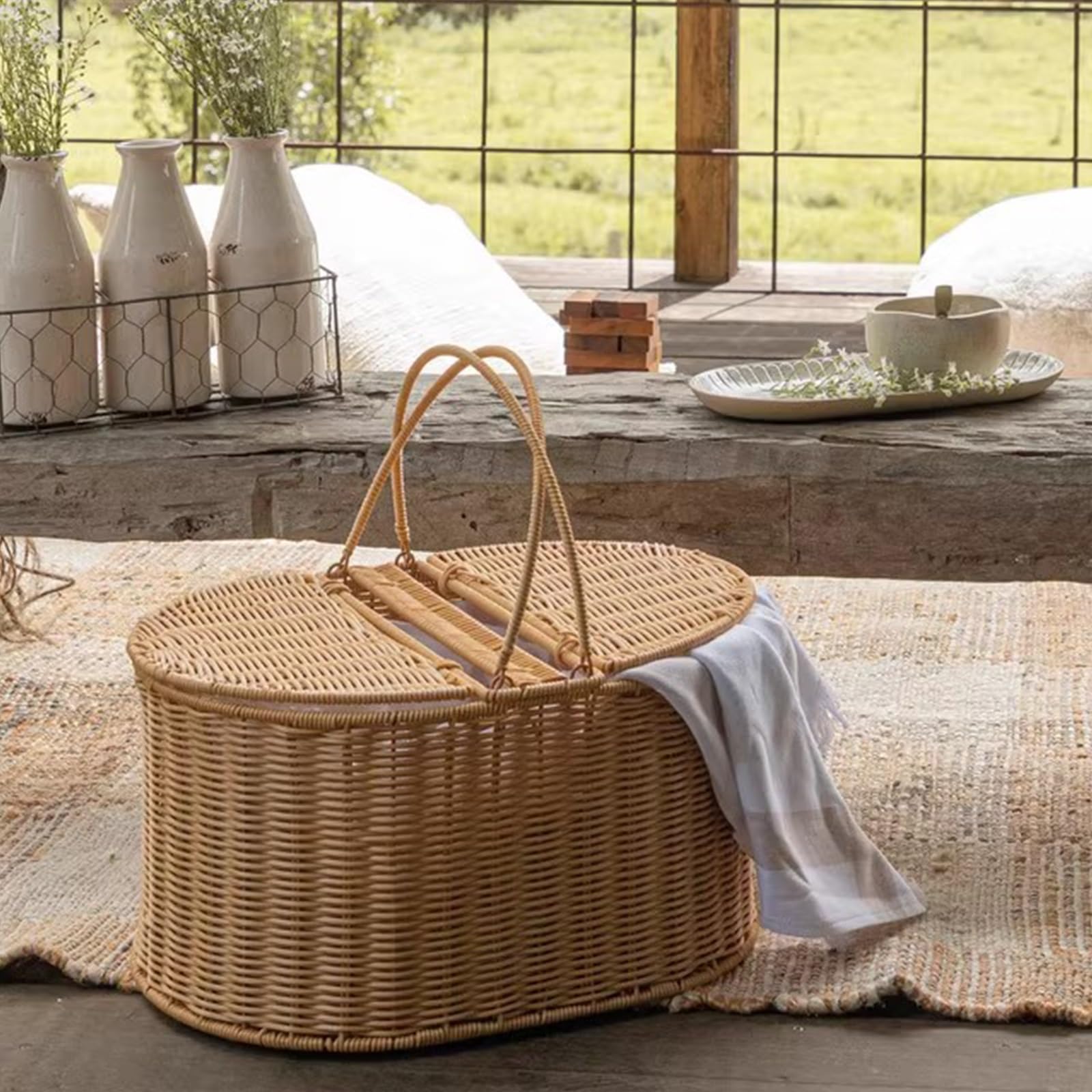 Cestino Picnic in Rattan Intrecciato a Mano,Cestino con Manico, Adatto for Picnic in Famiglia, Gite in Campeggio