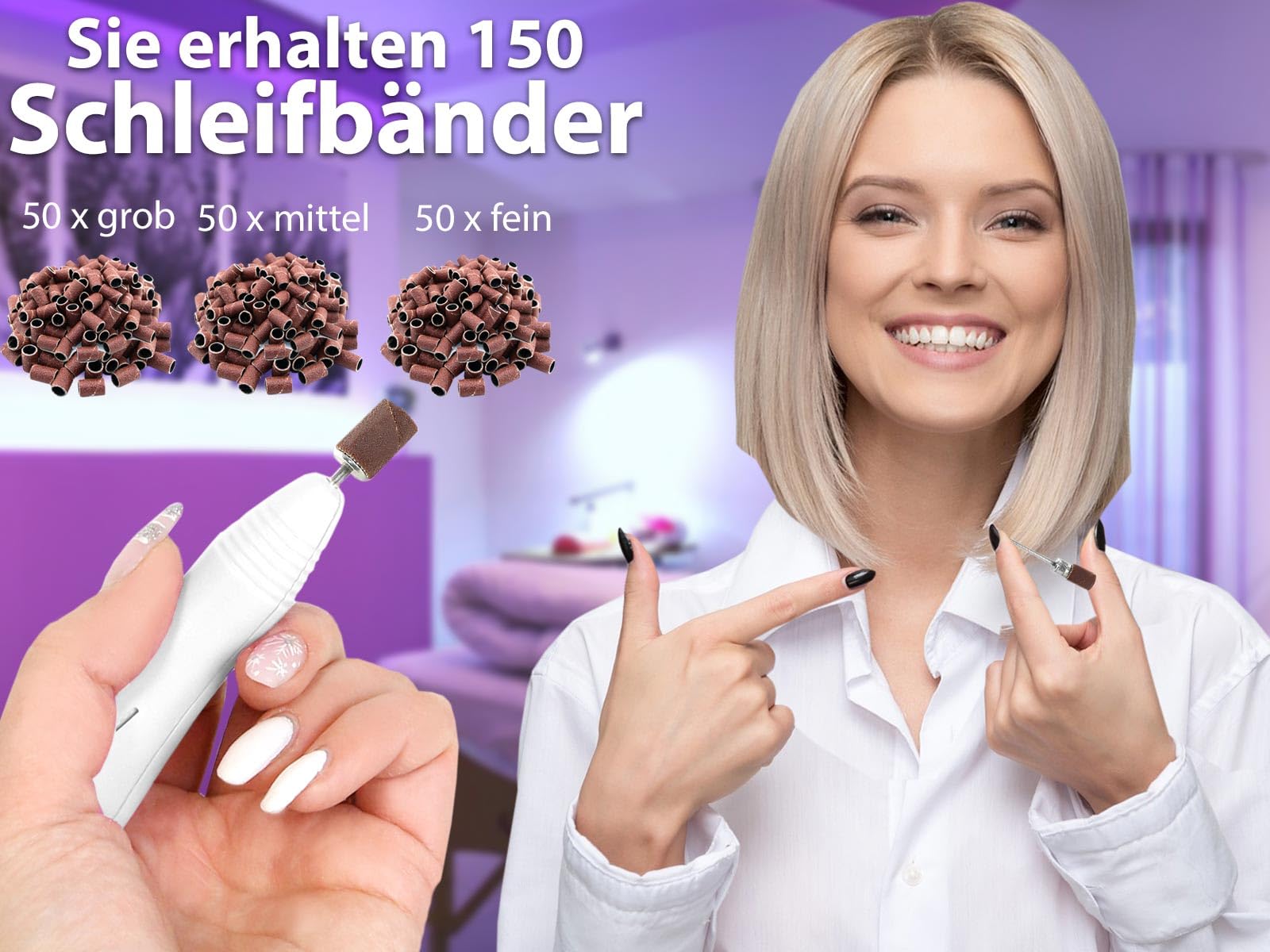 Hornhautentferner Set Schleifgerät, 150 Schleifhülsen und Diamantschleifer | Fußpflegegerät mit Pediküre Schleifer für die Hornhautentfernung