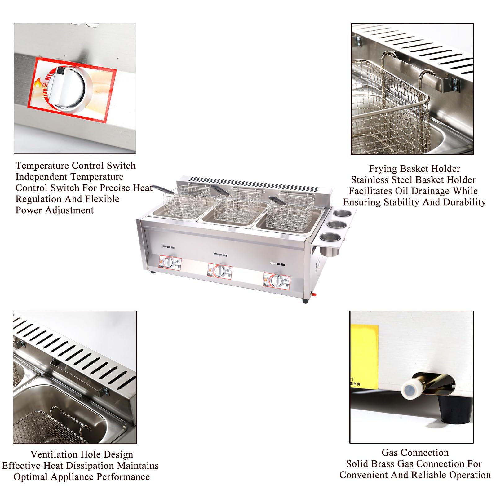 Freidora comercial de gas GLP para encimera, Freidoras de aceite de 18L con 3 cestas y tapas, para Fritas, Restaurante, Hogar, Cocina