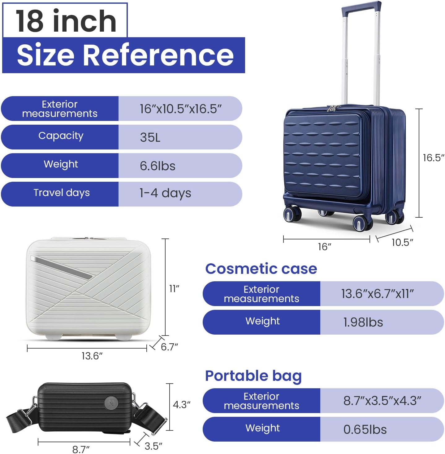 TRAVELEO 3 Piece Luggage Set 16 Inch Carry On with Front Opening, Expandable PC Hardshell Suitcase with 14" Cosmetic Case & Handbag, Lightweight Underseat Rolling Luggage with TSA Lock & PVC Cover