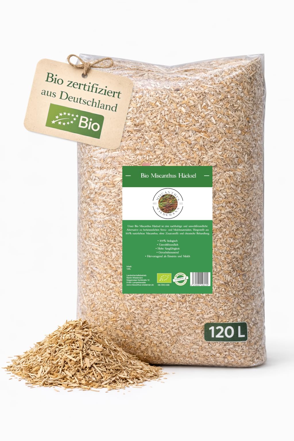 MISCANTHUS WIEDEMANN® | 120 Liter Ballen Bio Miscanthus Gartenmulch | Umweltfreundlicher Mulch für Gartenbeete und Gartengestaltung | Alternative zu Rindenmulch und Hackschnitzel