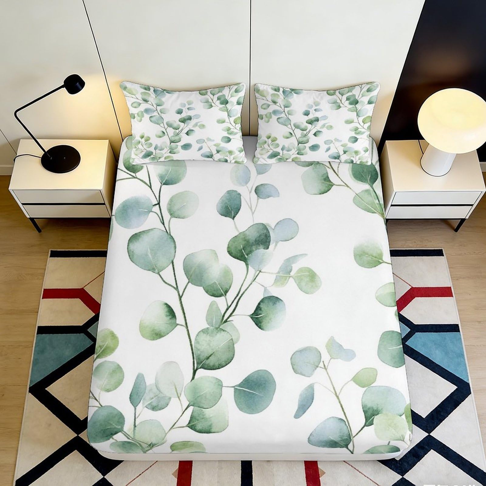 3D Printed Eucalyptus Leaf Fitted Sheet Microfiber Soft Botanical Green Mattress Cover for Bedroom Guest Room Decor 90x200x25cm