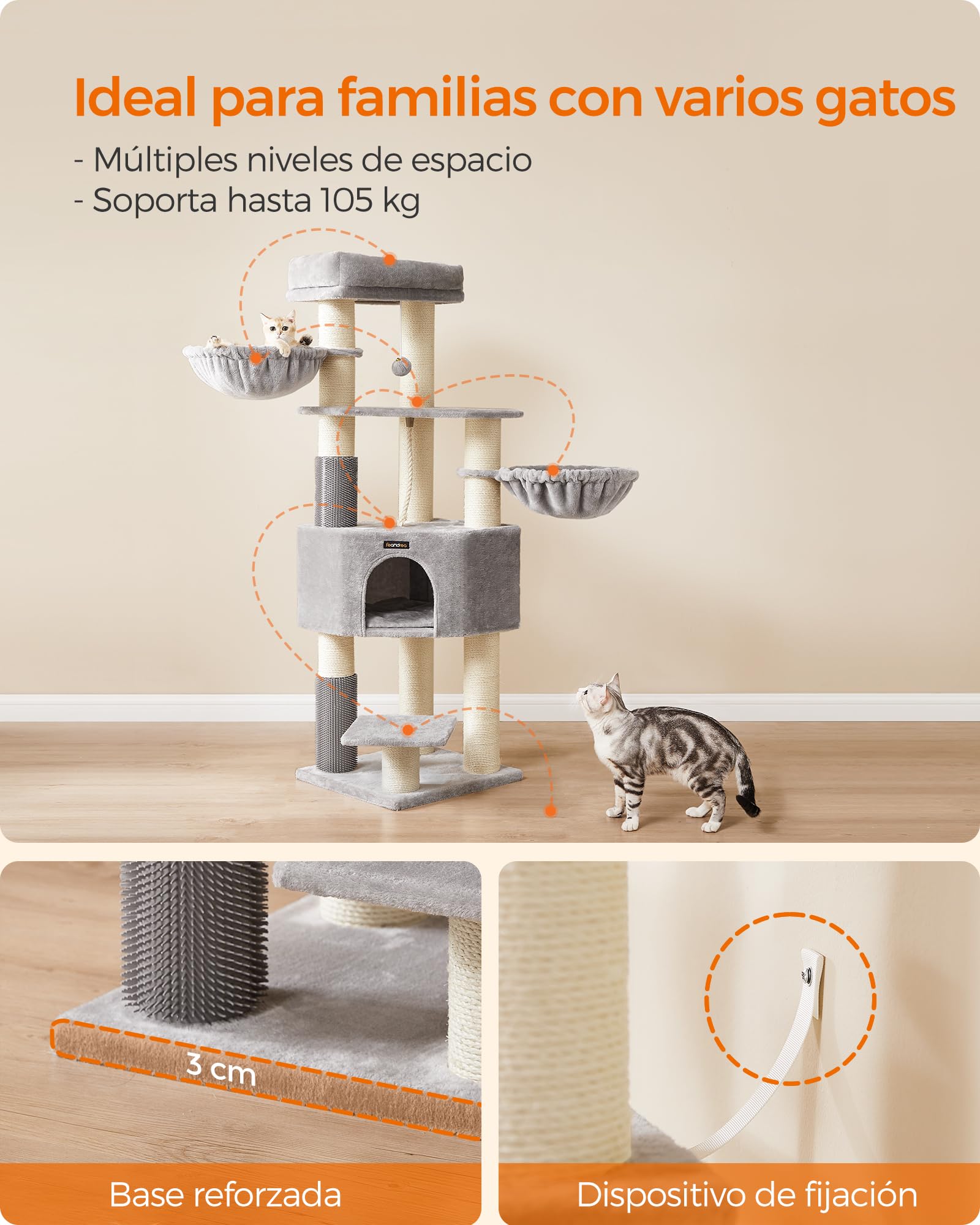 Feandrea Árbol para Gatos Grande y Estable, Torre para Gatos Grandes, con Almohadillas Autocalentables, Solapas, Cueva, Cuerda de Sisal, 50 x 50 x 160 cm, Gris Paloma y Blanco Crema PCT003N01