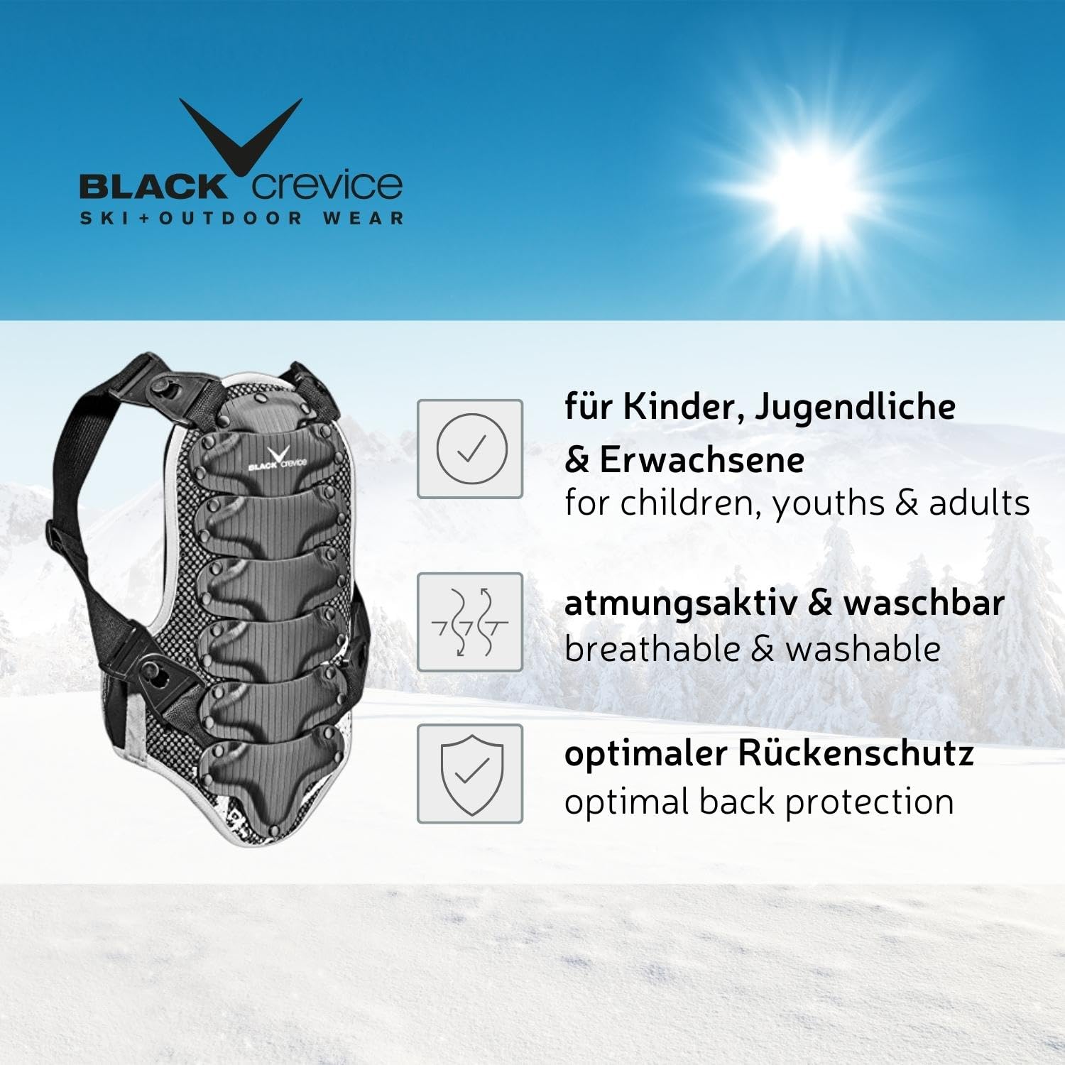 Black Crevice Rückenprotektor für Kinder, Jugendliche & Erwachsene I Atmungsaktiver & ergonomisch geformter Rücken-Protektor I Verstellbarer Rückenprotektor Damen & Herren I Versch. Farben