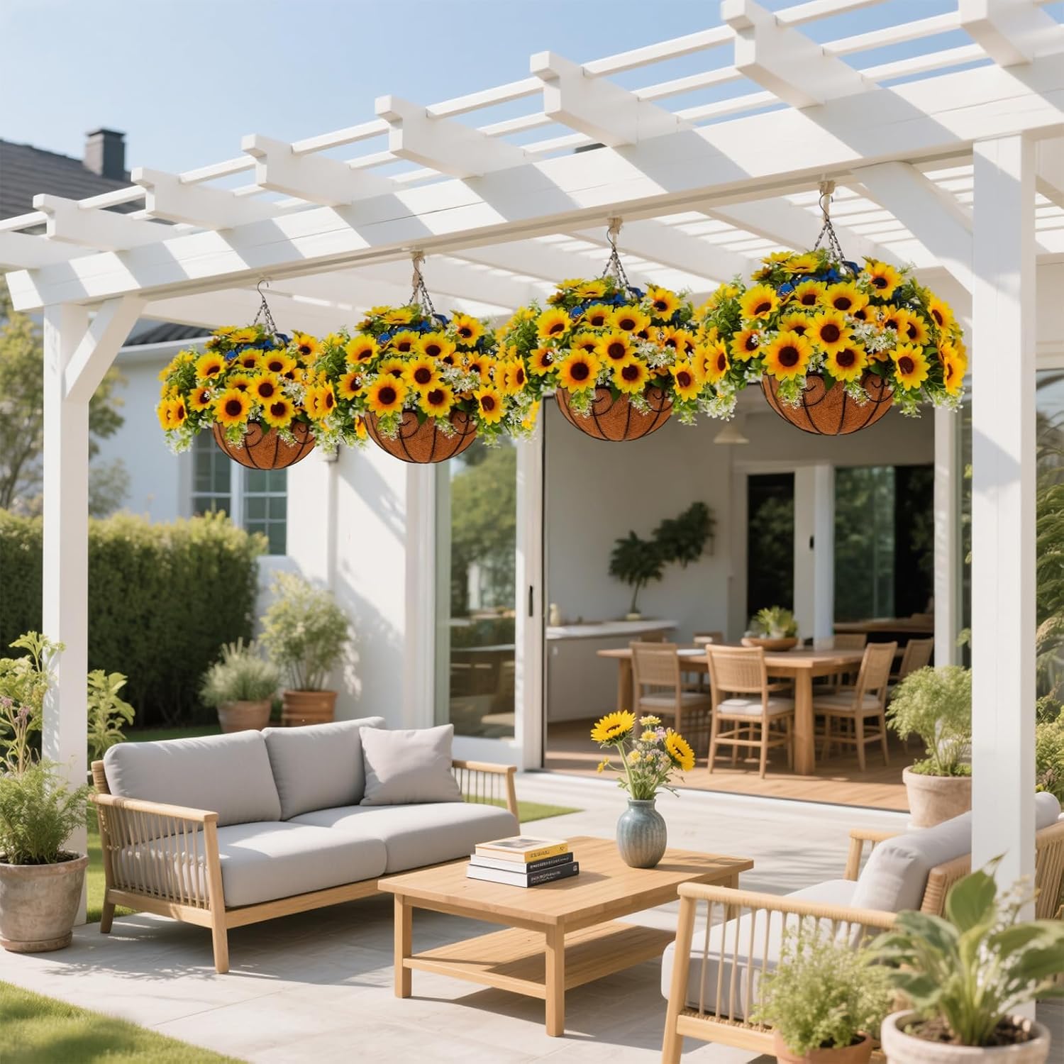 2 Pack Artificial Fake Fall Sunflower Plants Flowers for Outdoor Outside Decoration,12 Bundles Faux Silk Sunflowers UV Resistant Look Real No Fade for Front Door Porch Patio Yard Balcony Autumn Decor