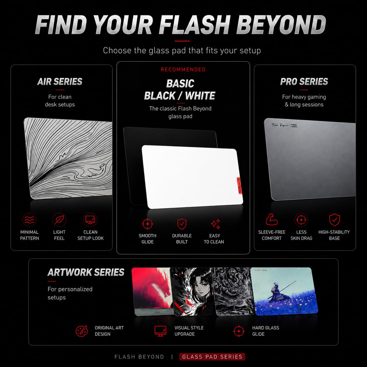 Flash Beyond Glass Gaming-Mauspad – Premium-Glas-Pad mit Rutschfester Gummiunterseite – Glatte, präzise Tracking, langlebige Oberfläche für High-Speed-Gaming, ideal für FPS-Spieler (Schwarz, Mitte 40