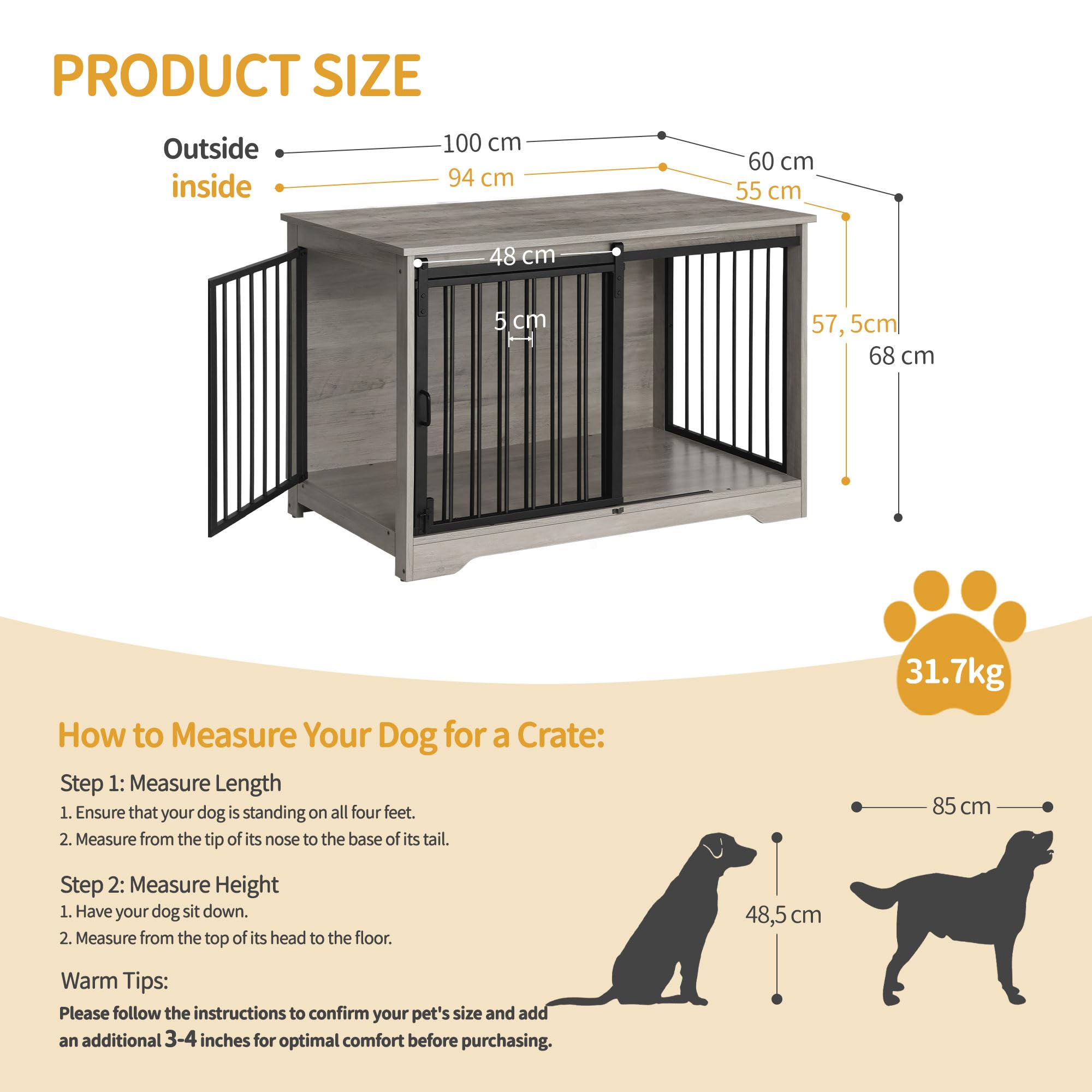 Hzuaneri 100cm Gabbia per Cani, Tavolo Supplemento, Nicchia Moderna per Cani, Gabbia per Cuccioli, Casetta per Animali, 2 porte, 60 x 100 x 68 cm, Avorio chiaro DFC02305B