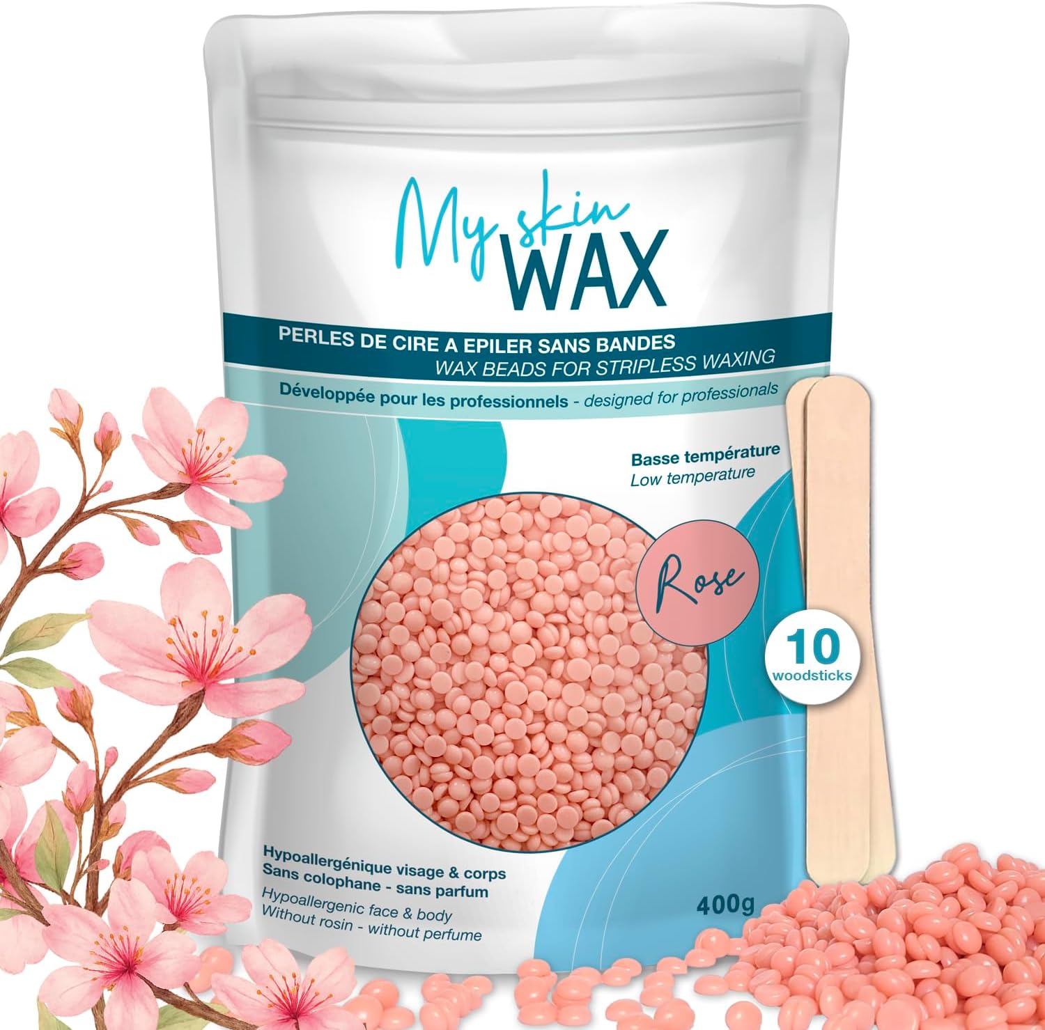 Stripless Wax Beads, 400g, Hypoallergenic, Smooth Waxing without Redness, Special for Sensitive Skin Men Women, Peelable, Face, Bikini, Brazilian (Rose)