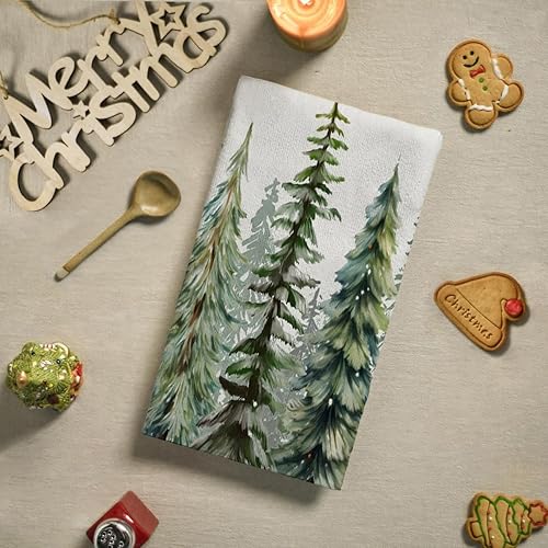 Miniatura 2 de Easternproject Juego de 2 toallas de mano con árbol de Navidad verde y blanco, absorbentes en acuarela de pinos, toallas decorativas suaves para