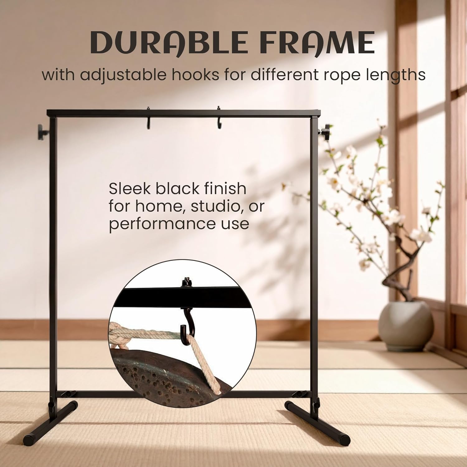 The Gong Shop Metal Gong Stand – Holds Gongs up to 26" – Compact Frame with Adjustable Hooks – Black Powder-Coated – Lightweight for Studio or Home (Gong, Mallet, Rope Not Included)