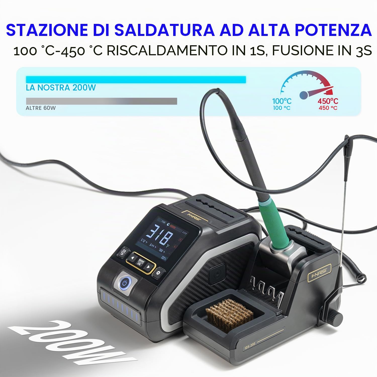 FNIRSI DWS-200 Stazione di Saldatura 200W con Display TFT, Riscaldamento Rapido, Regolazione Digitale Temperatura, 3 Punte F210, 2 Bracci Flessibili