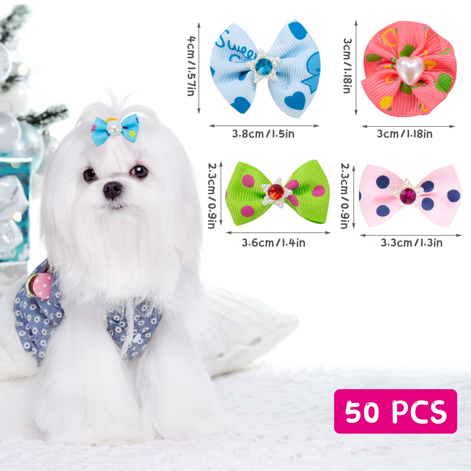 Tunejoy 50 Pezzi Fiocchi per Cani con Elastici, Accessori per Capelli per Cani Copricapo per Capelli Lunghi