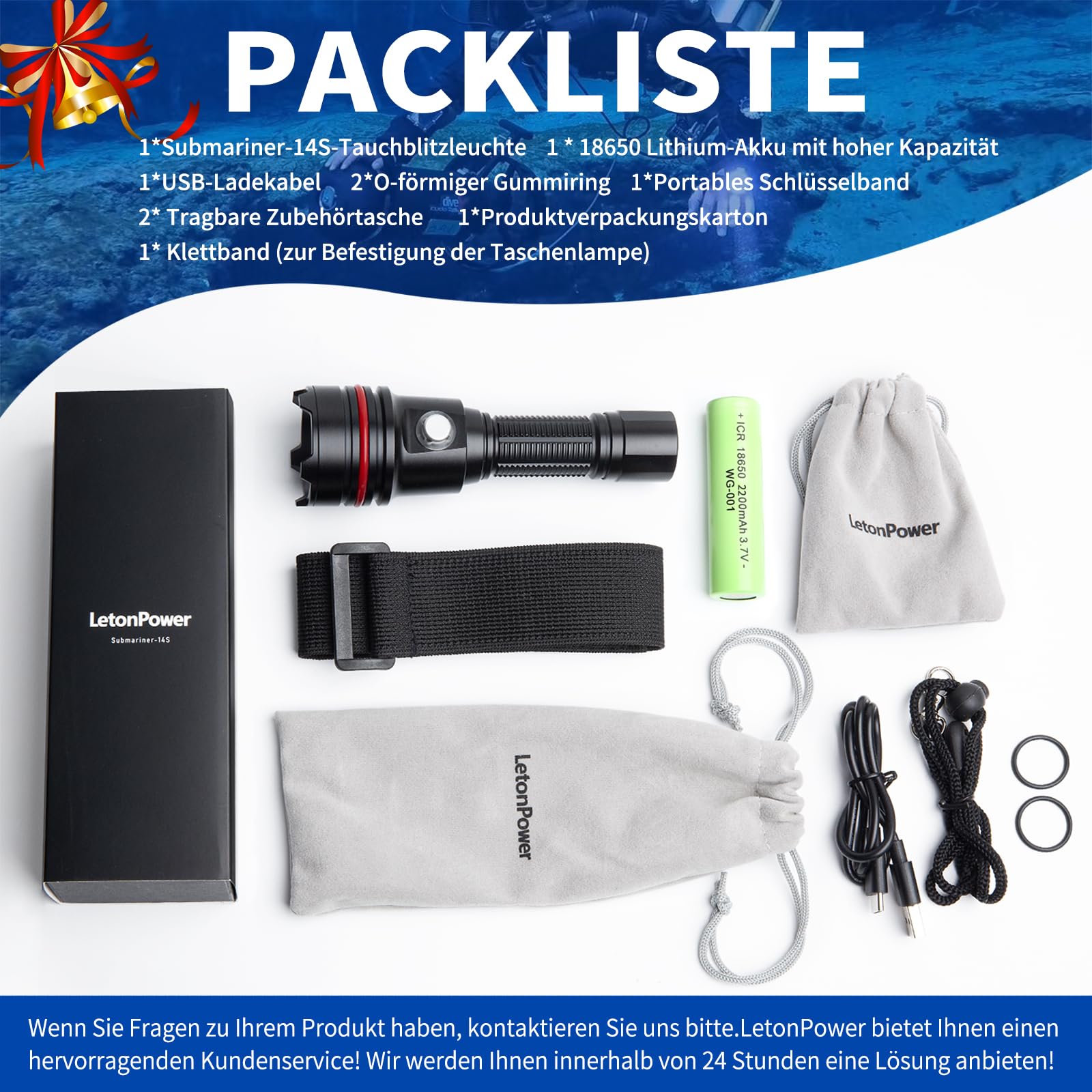 14S Unterwasser Taucherlampe 2000 Lumen – 6 Modi, superhell, USB-C wiederaufladbar, IP68 wasserdicht bis 100m für Nachttauchen, Schnorcheln & Gerätetauchen