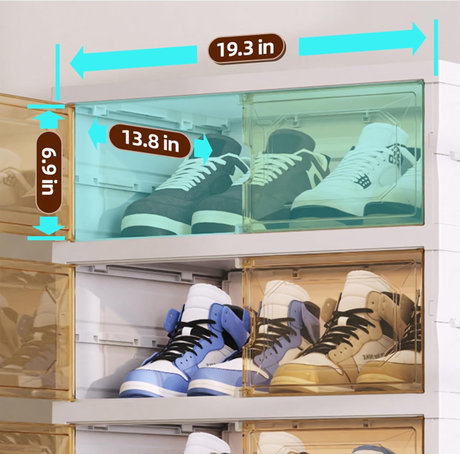 ROOM127 Foldable Shoe Cabinet Shelf with Pulleys,Portable Shoe Rack Organizer for Closet Entryway,Stackable Cabinet with Magnetic Transparent Door,Plastic Storage Cabinet-(6 Layers)