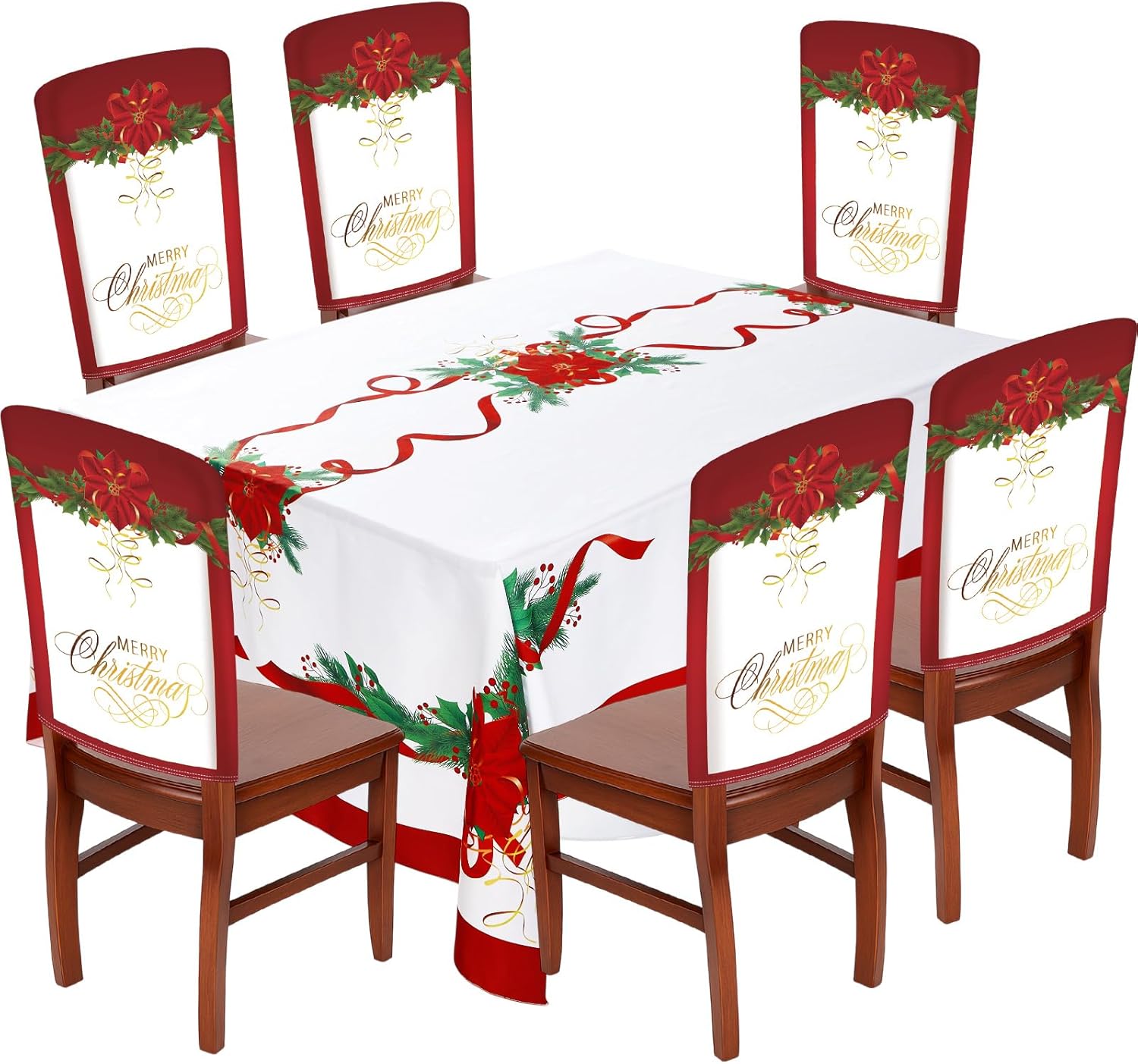7 Pcs Christmas Chair Protector Cover and Tablecloth Set Stretch Removable Washable 60"x84" Table Cover and Christmas Seat Slipcover for Home Hotel Dining Room Banquet Wedding Party(Elegant)
