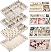4 Pcs Jewellery Trays, Jewellery Organiser Tray Storage Display Tray, Velvet Stackable Jewelry Trays for Drawer Vanity Wardrobe Jewelry Earring Ring Bracelet Necklace Organiser, Women Gifts