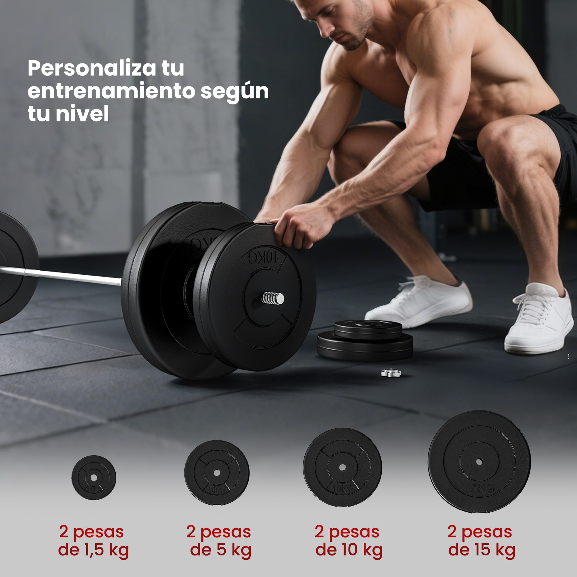 HOMCOM Barra de Pesas 70 kg con Mancuernas Set de Pesas Ajustables con 8 Discos 1,5kg 5kg 10kg 15kg y 1 Barra Juego de Mancuernas para Entrenamiento de Fuerza en Hogar Gimnasio 170x40,5x40,5 cm Negro