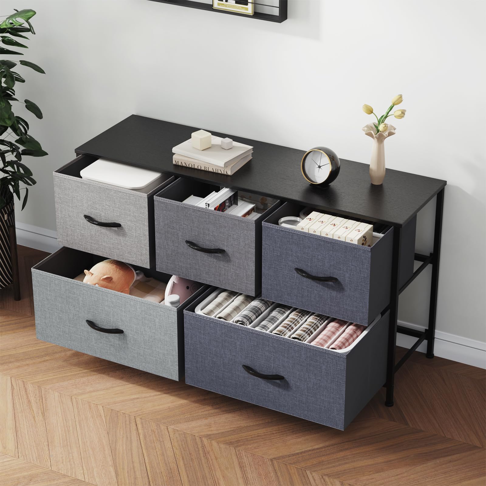 LLappuil Kommode mit 5 Schubladen, kleine Aufbewahrungskommode für Schlafzimmer, Schrank, Flur, Eingangsbereich, Kinderzimmer, Stoffkommode mit faltbaren Aufbewahrungsbehältern, Stahlrahmen,