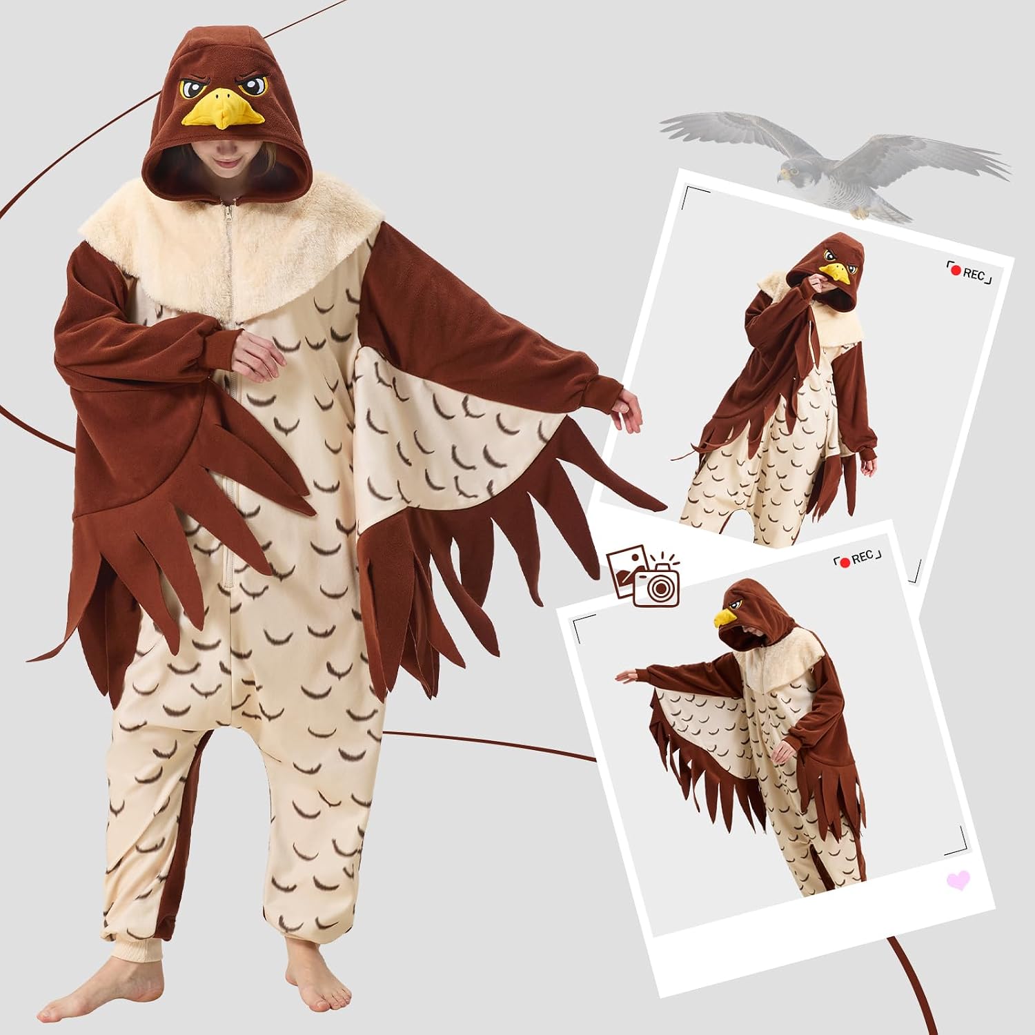 Adult Peregrine Falcon Onesie Pajamas, Halloween Cosplay Bird Costume Hawk Animal One-Piece for Women Men