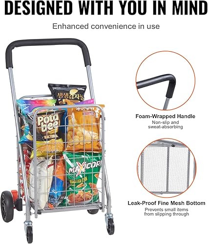 Miniatura 4 de VEVOR Carrito de compras plegable, capacidad de carga máxima de 66 libras, carrito utilitario de comestibles con ruedas giratorias giratorias, cesta