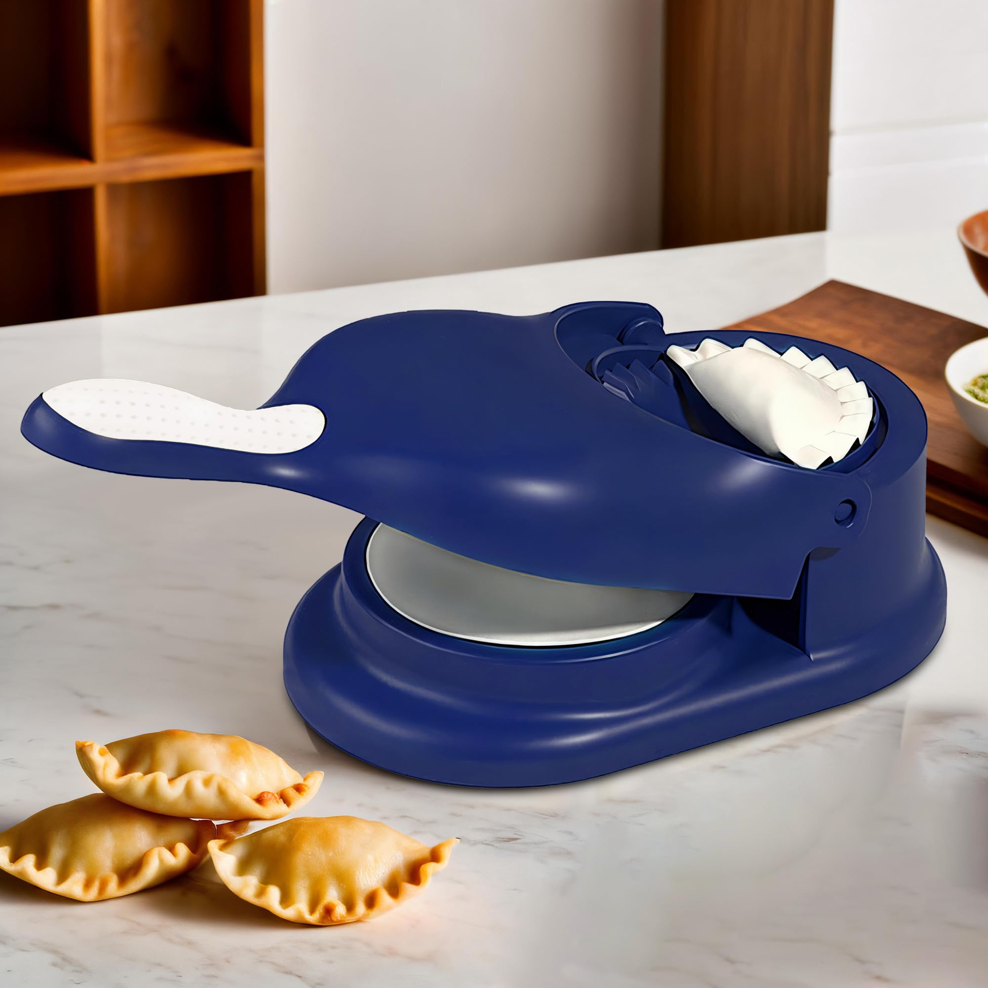 Kuber Industries 2 in 1 Momo & Gujiya Ghughra Dumbling Pressing Machine | Plastic Kolukattai Maker Mould for Kitchen | Puri, kolukattai, karjikai & Kadabu Maker Mold | Blue-image-28