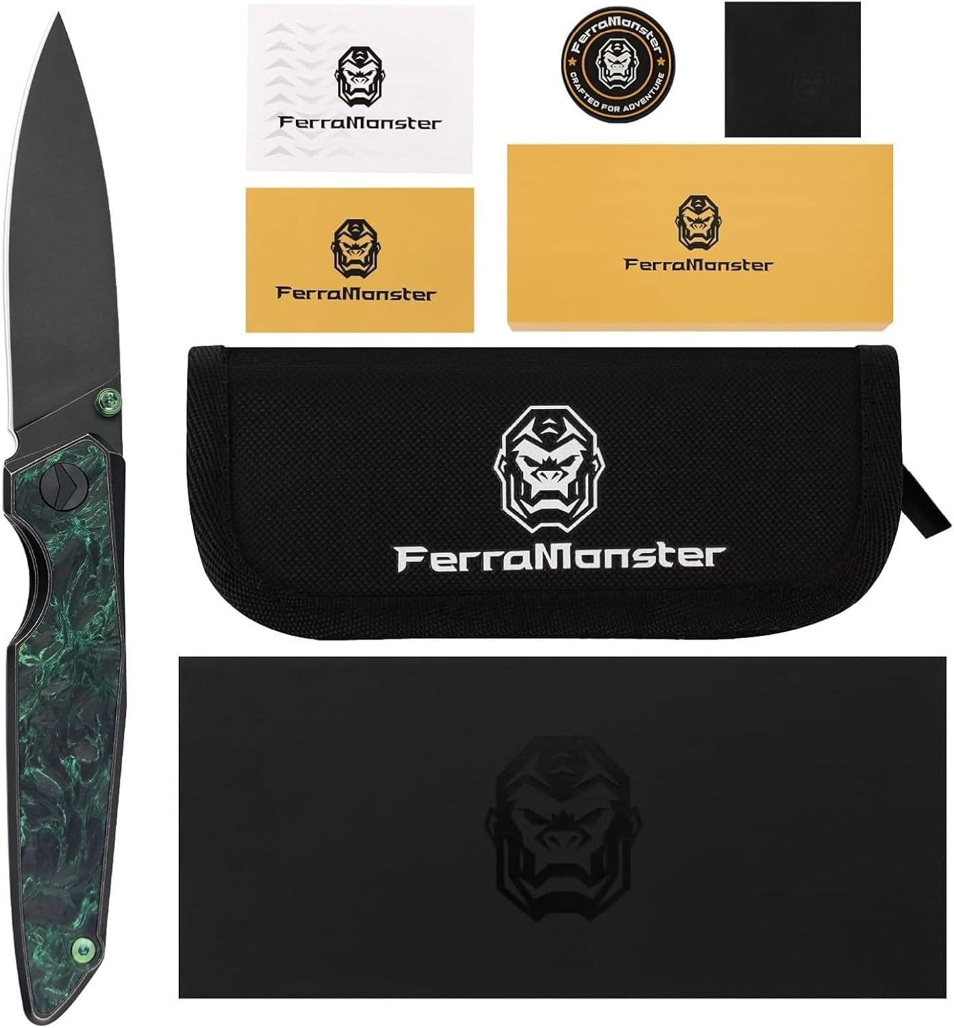 Folding Pocket Knife for Men, EDC Knife with 3.67" M390 Blade, Titanium Frame Lock Handle Carbon Fiber Inlay, Outdoor Camping Hiking Knife (Black&Green)
